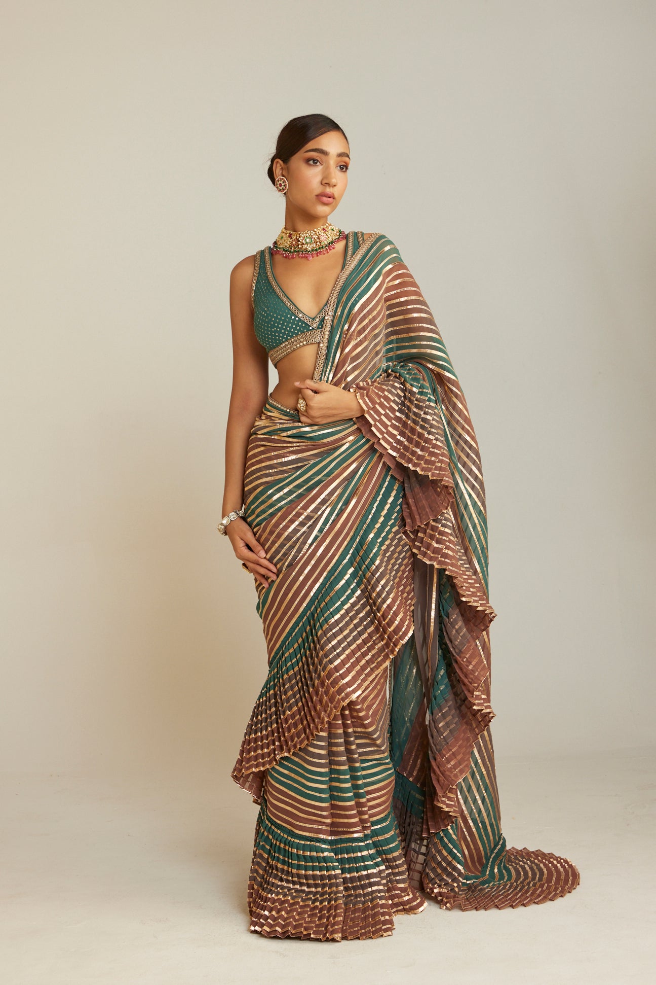 Pre Draped Mud Green Multicolor Saree Set