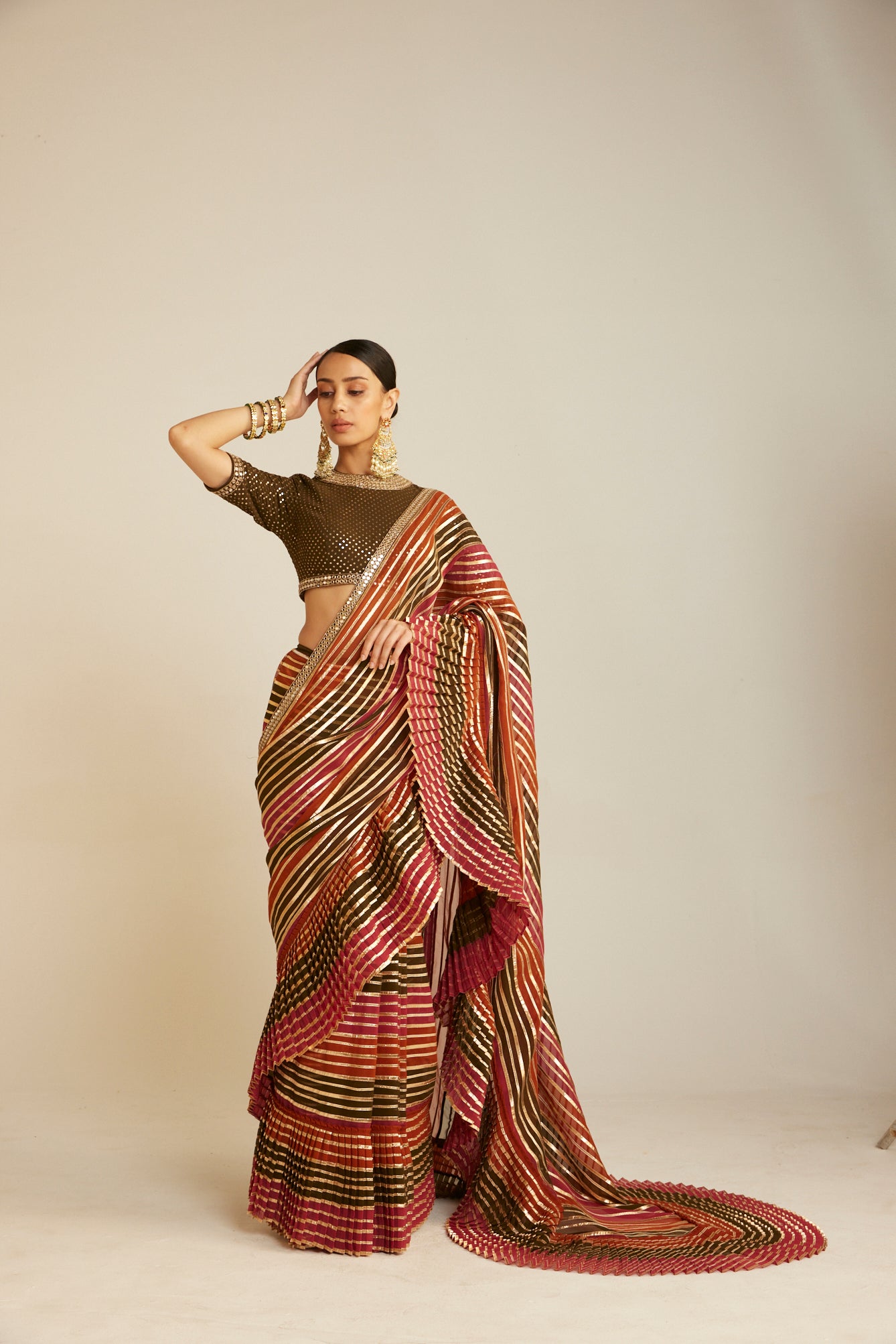 Pre Draped Olive Green Multicolor Saree Set