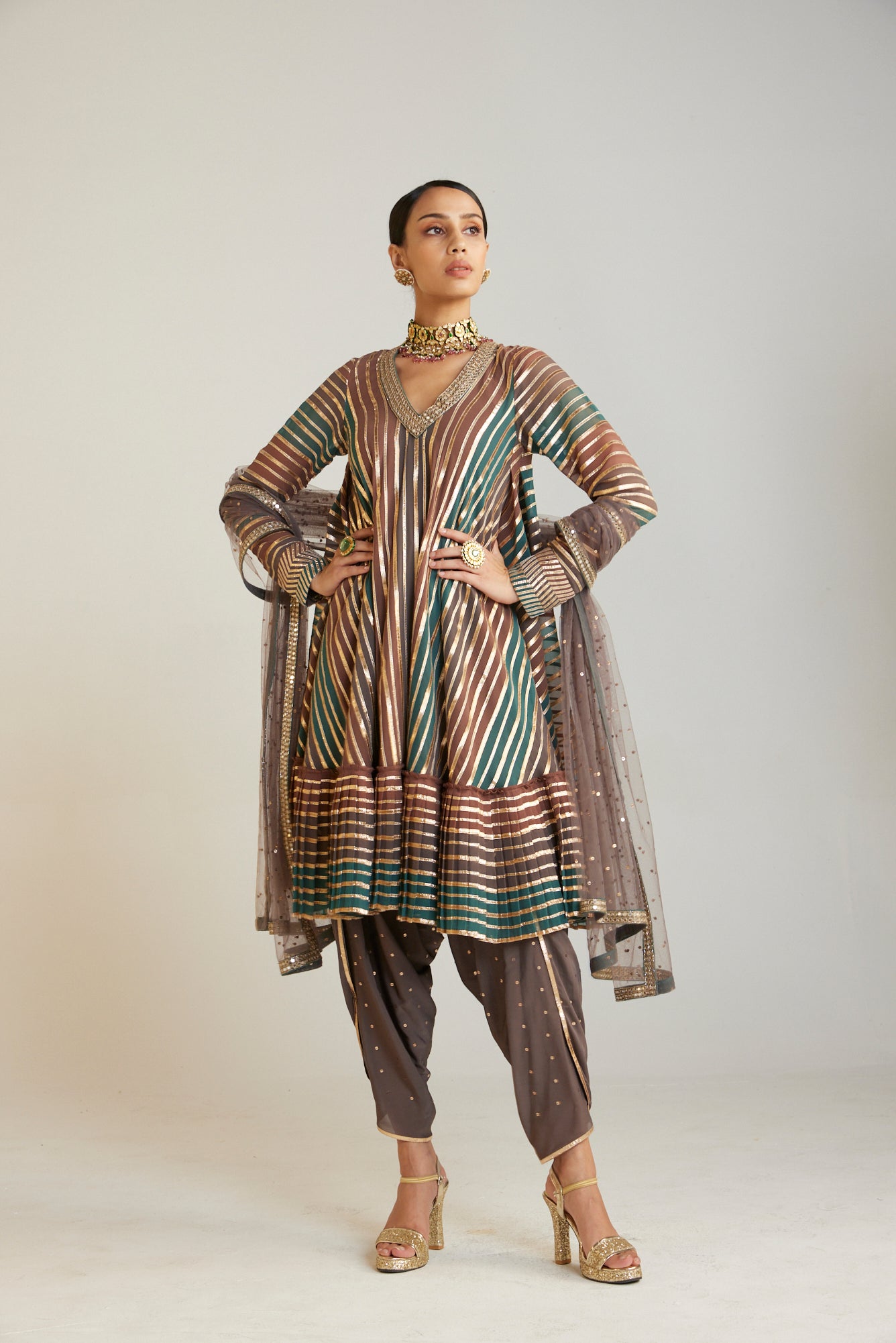 Mud Green V Neck Dhoti Kurta Set