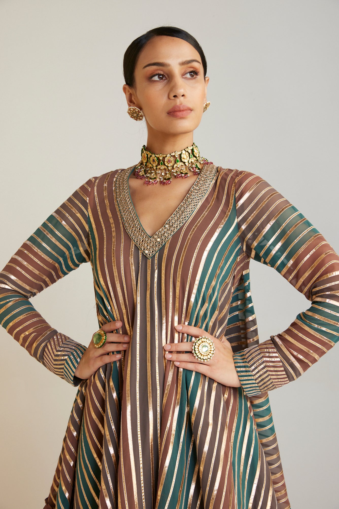 Mud Green V Neck Dhoti Kurta Set