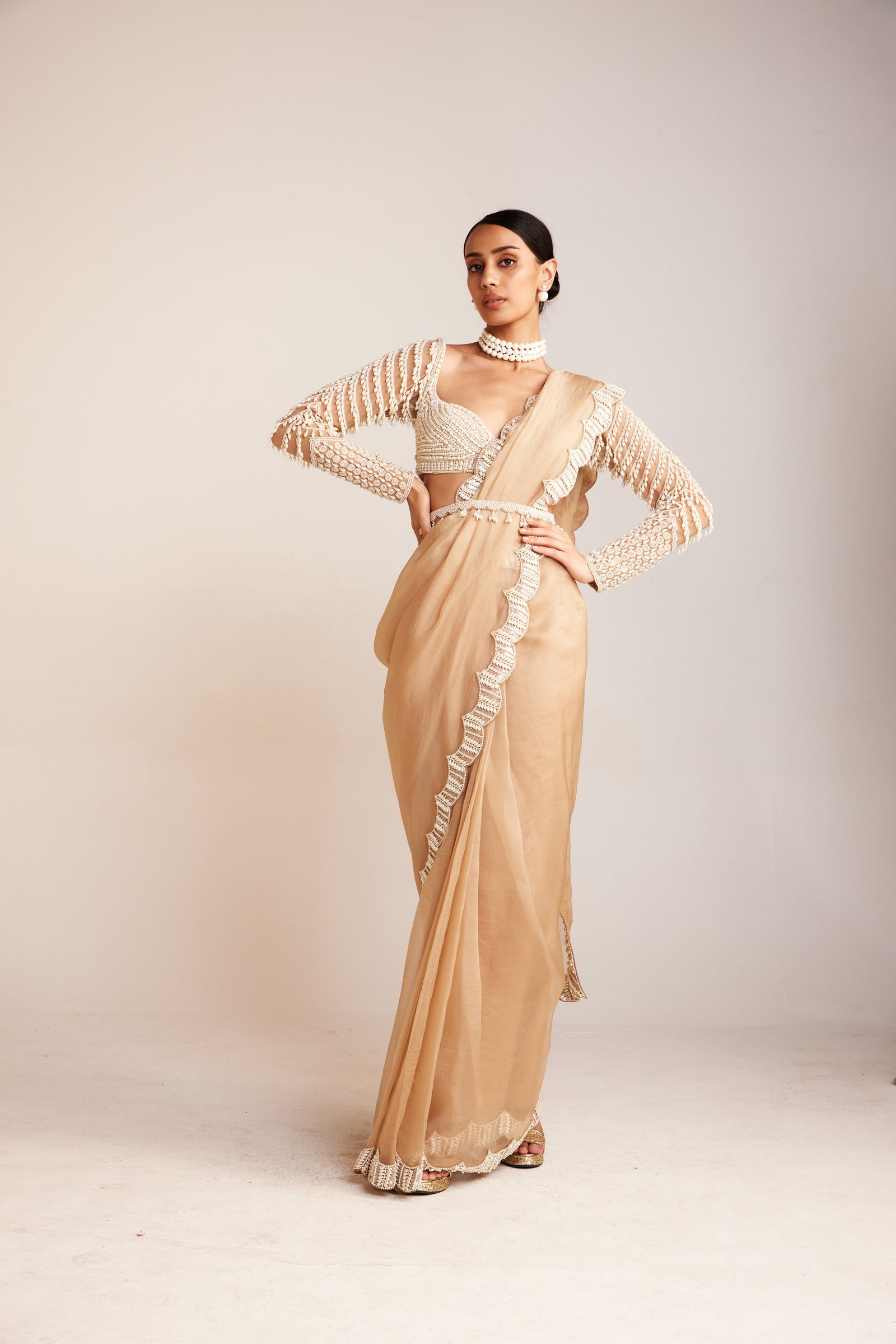 Beige Chandelier Drop Pre-Draped Saree Set
