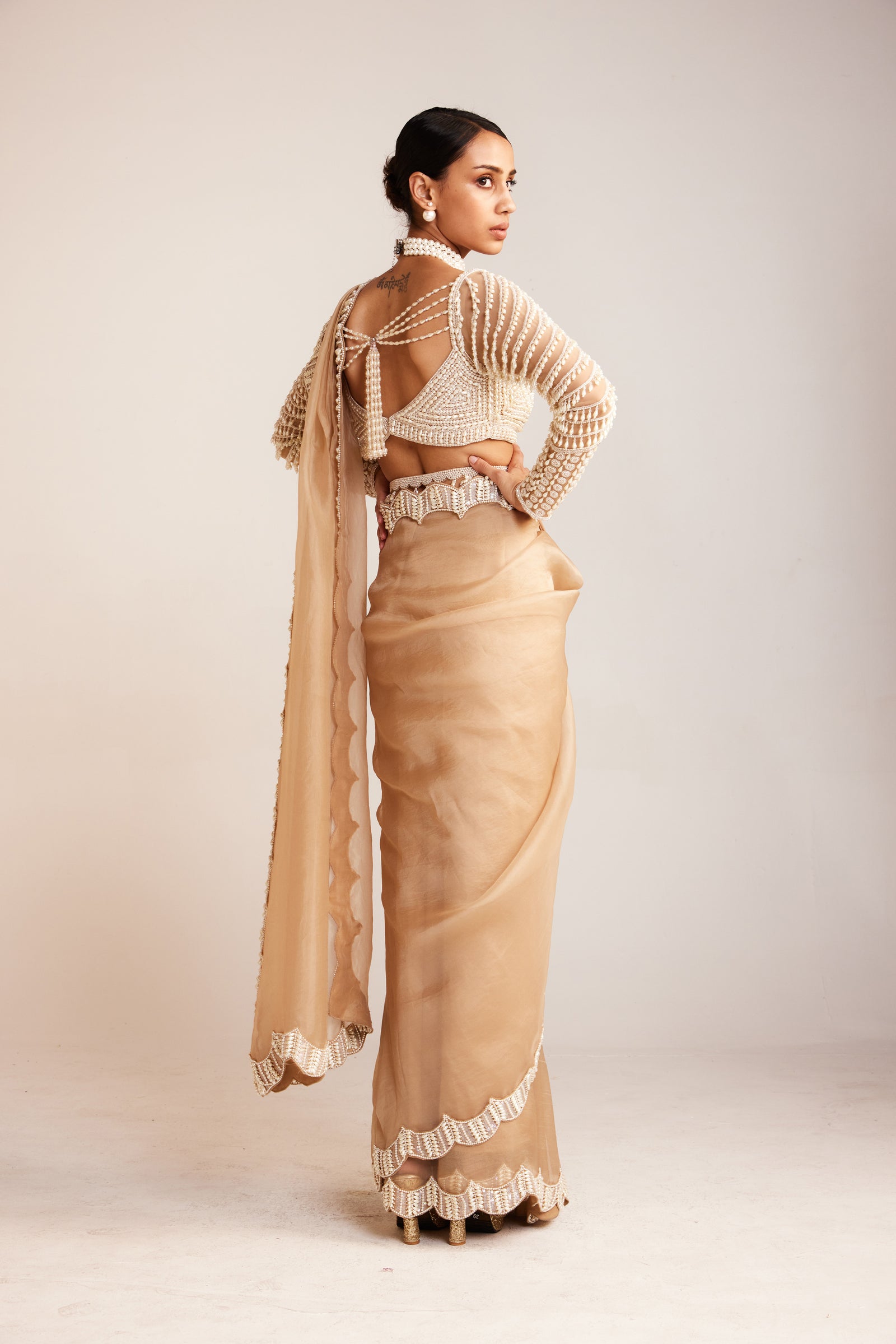 Beige Chandelier Drop Pre-Draped Saree Set