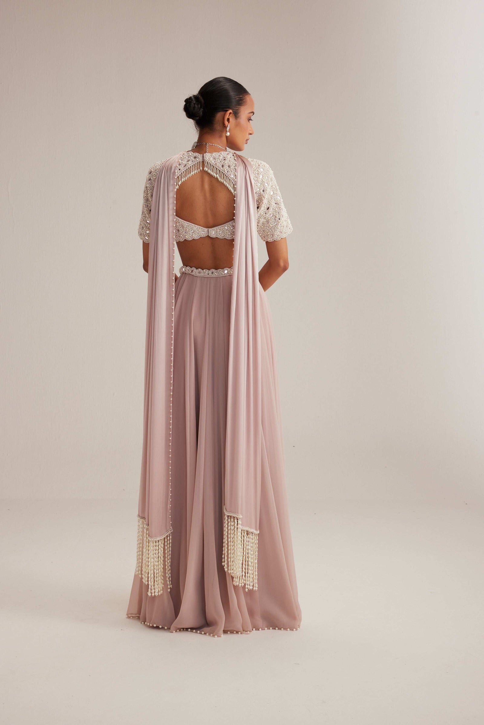 Ash Pink georgette Skirt with High Neck Blouse and Stole