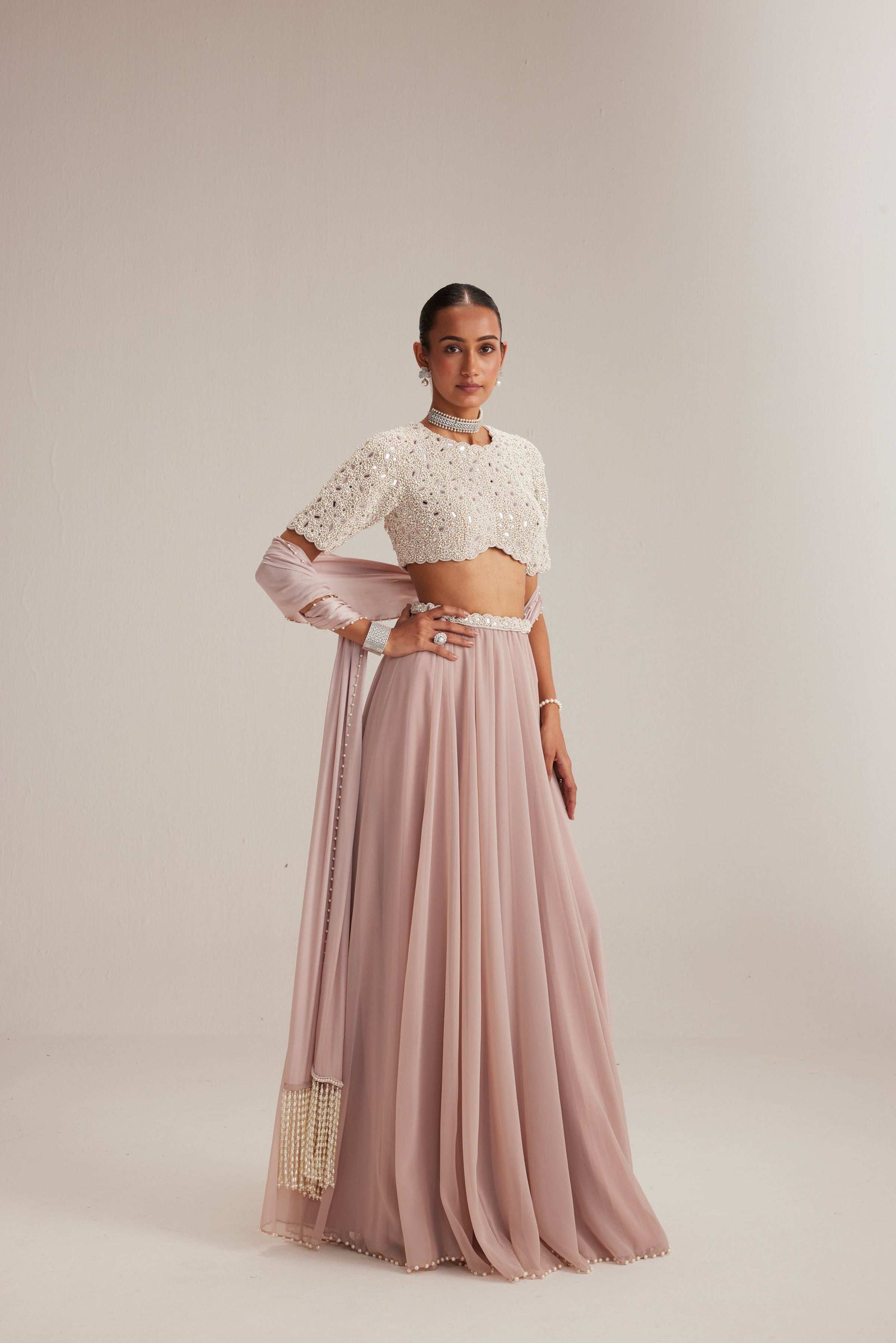 Ash Pink georgette Skirt with High Neck Blouse and Stole