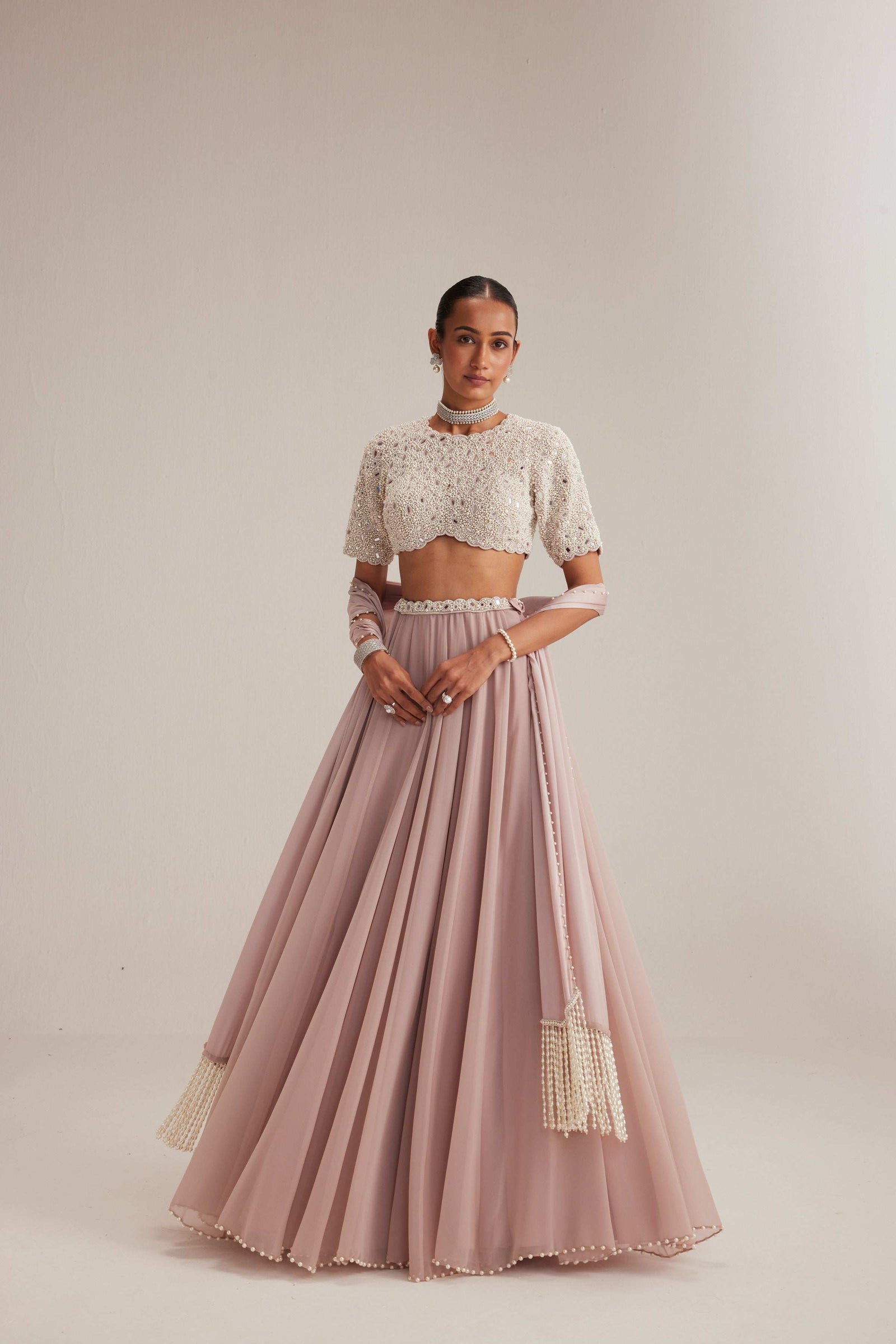 Ash Pink georgette Skirt with High Neck Blouse and Stole
