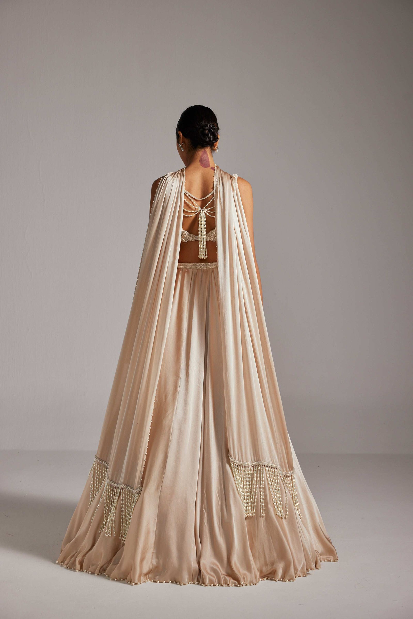 Light Beige V Neck Satin skirt Set