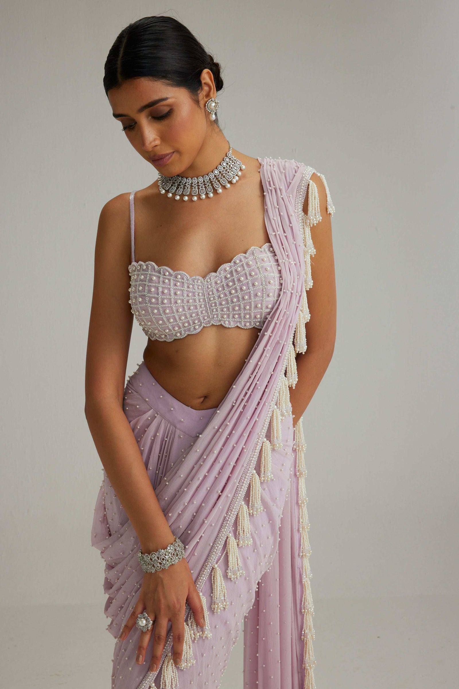 Lavender draped saree set