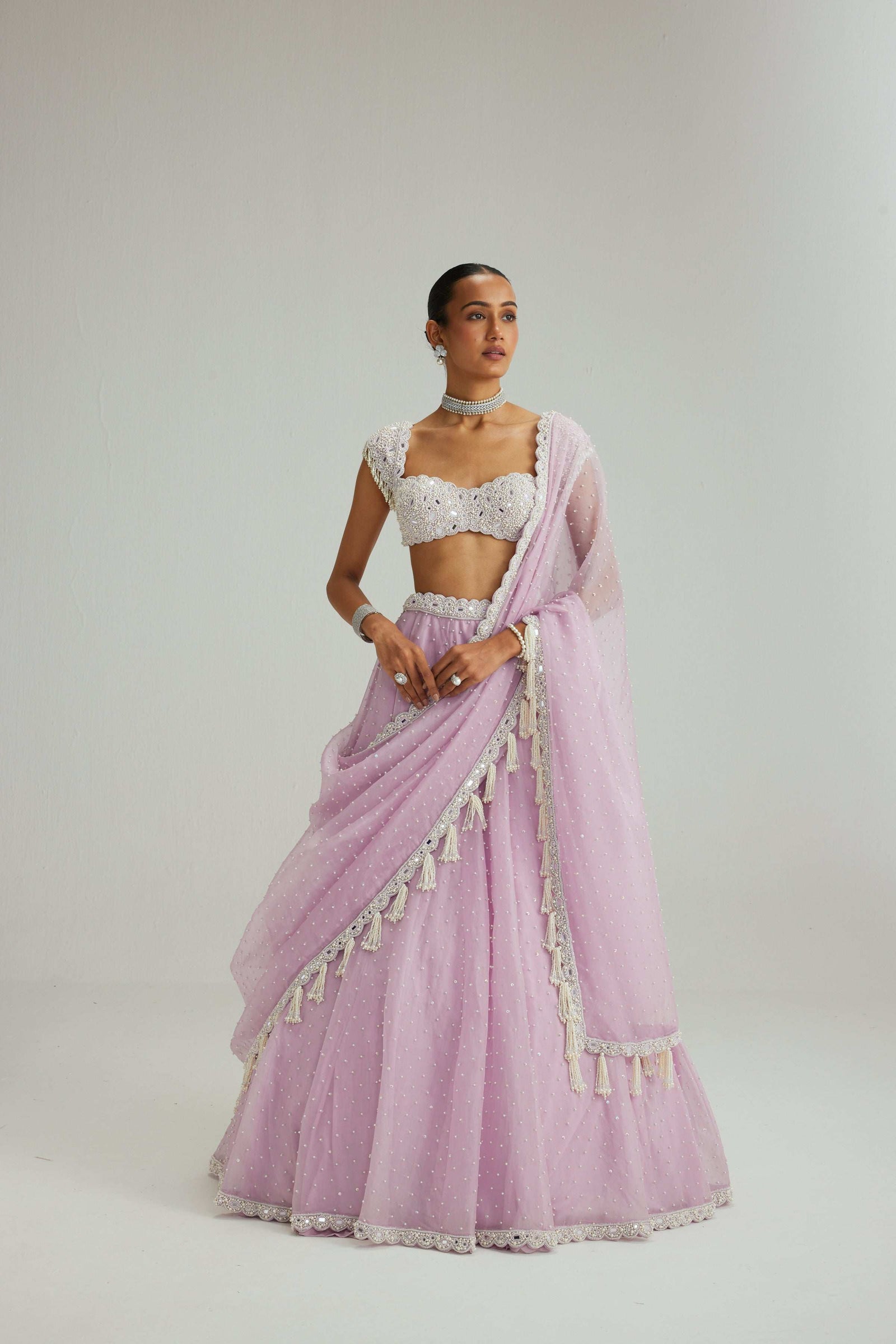 Lavender mirror and pearl lehenga set