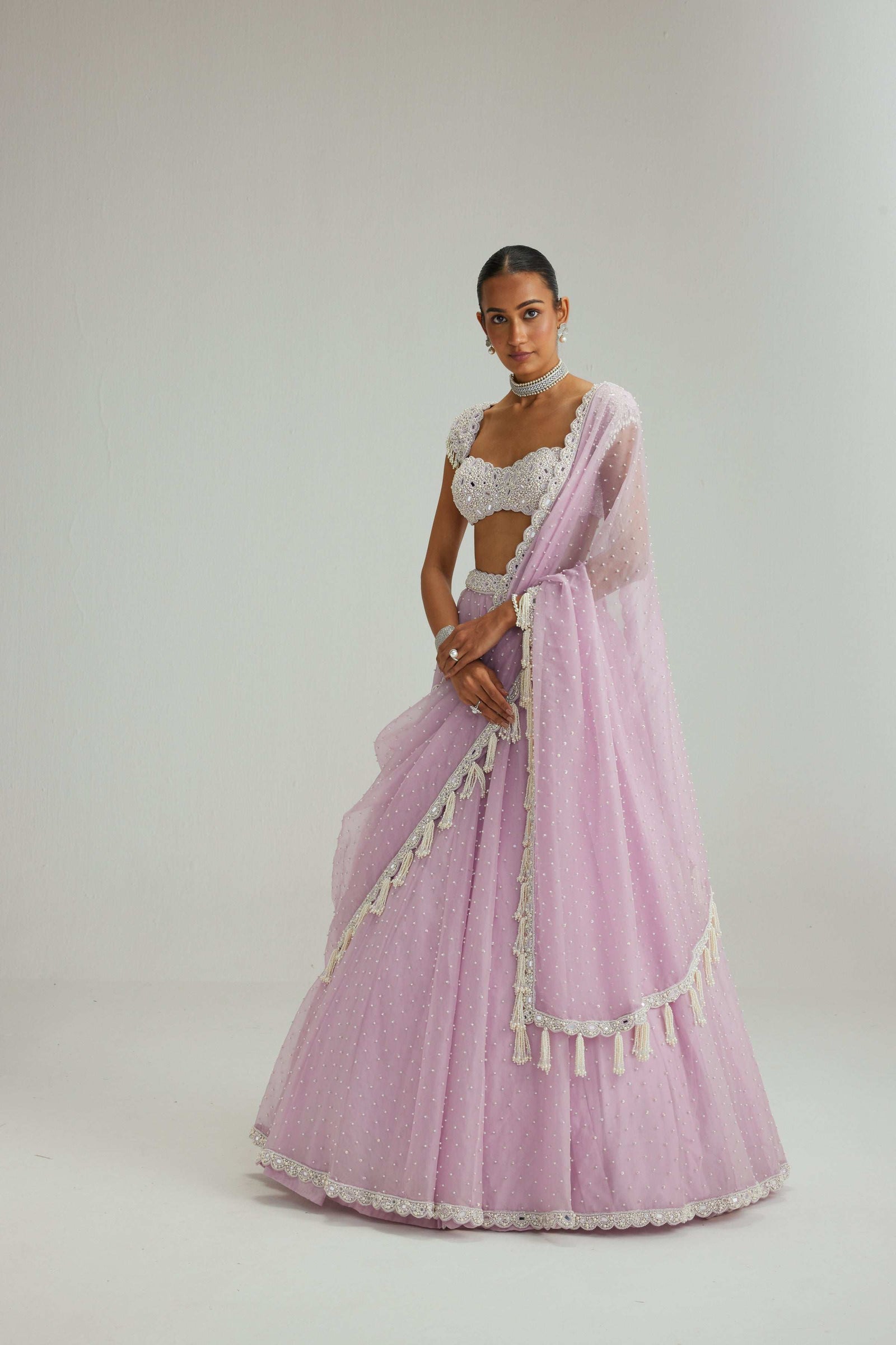Lavender mirror and pearl lehenga set