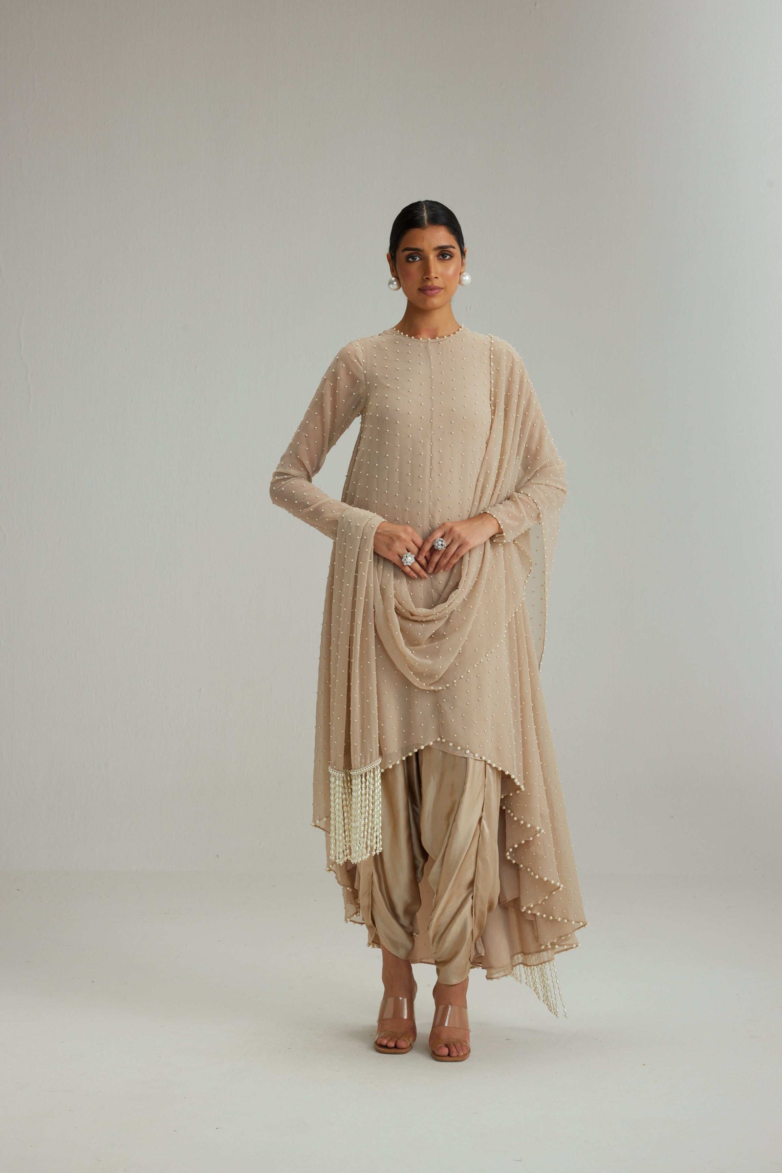 Light Beige pearl Kurta With Stole Set