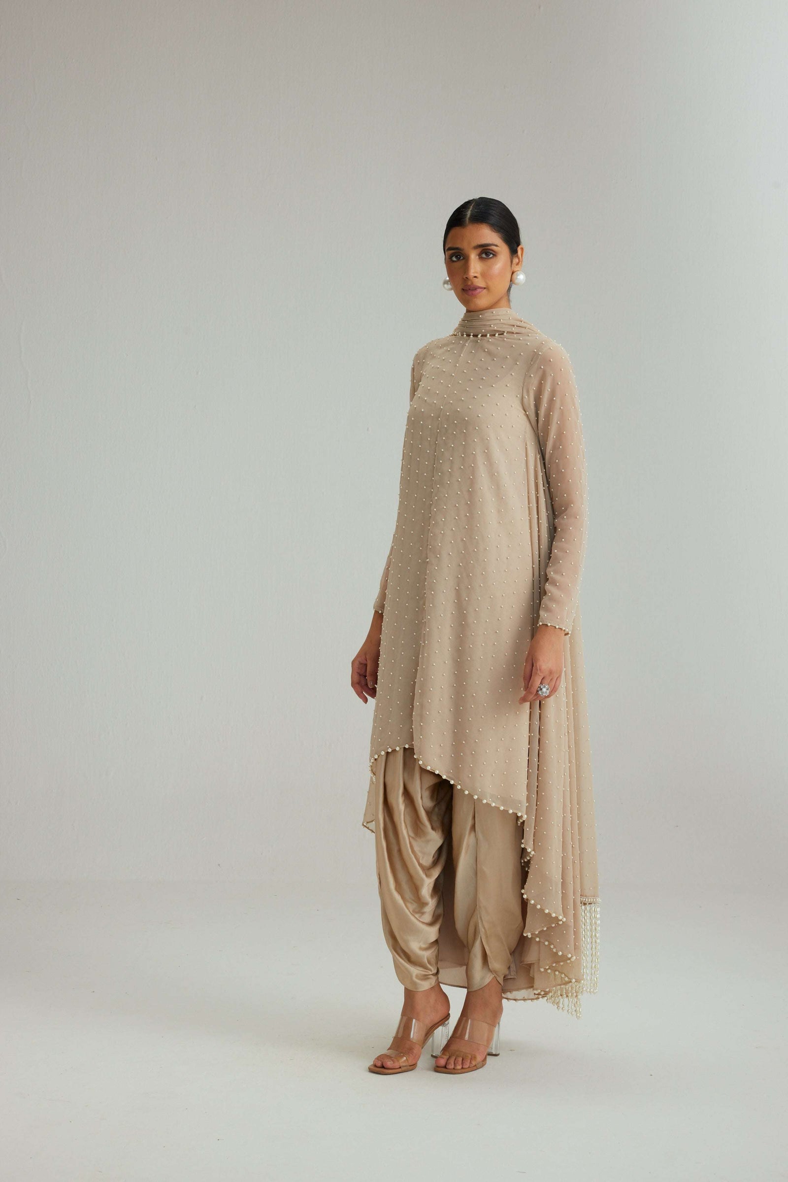 Light Beige pearl Kurta With Stole Set