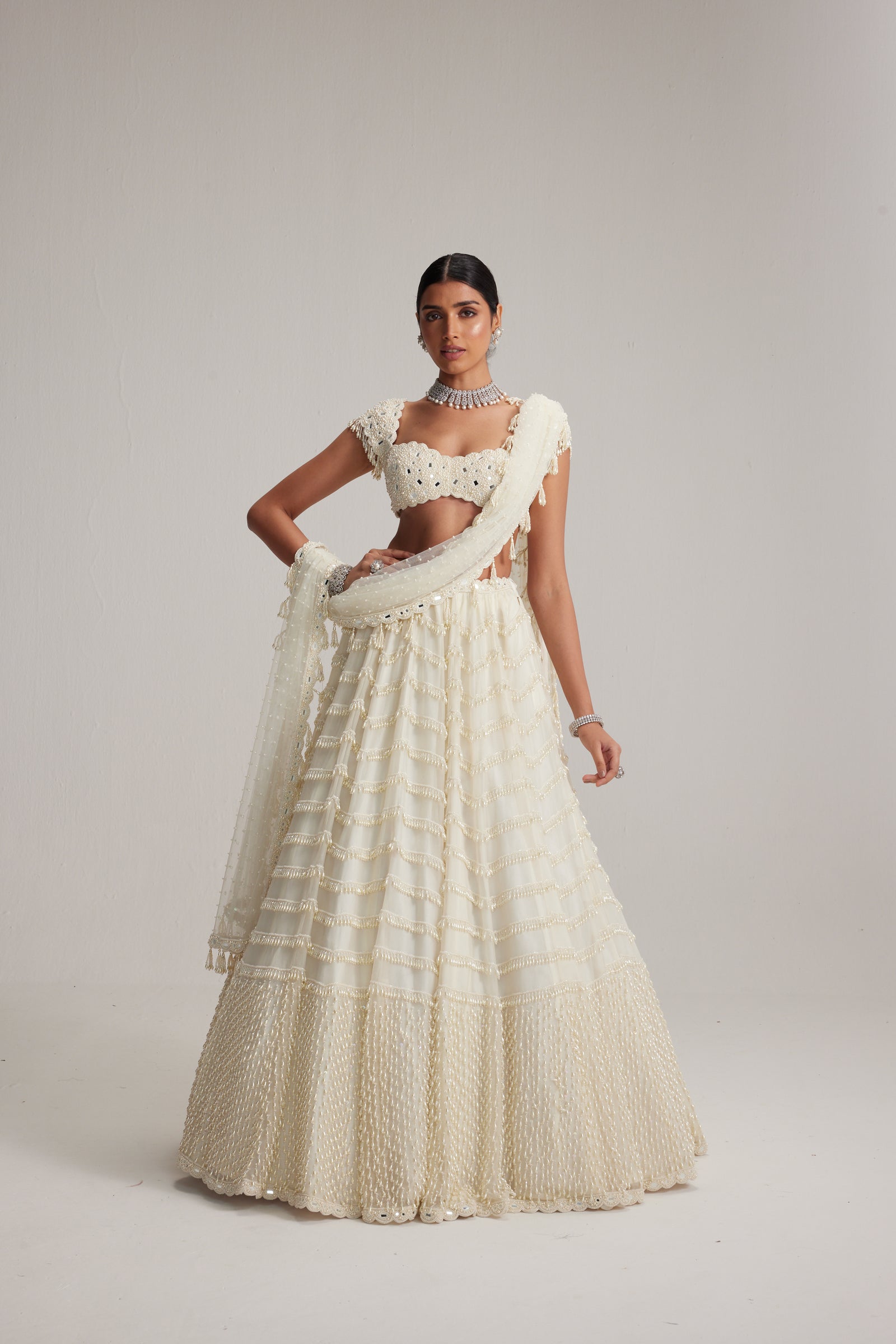 Off White Mirror and Pearl Drop Bridal lehenga set