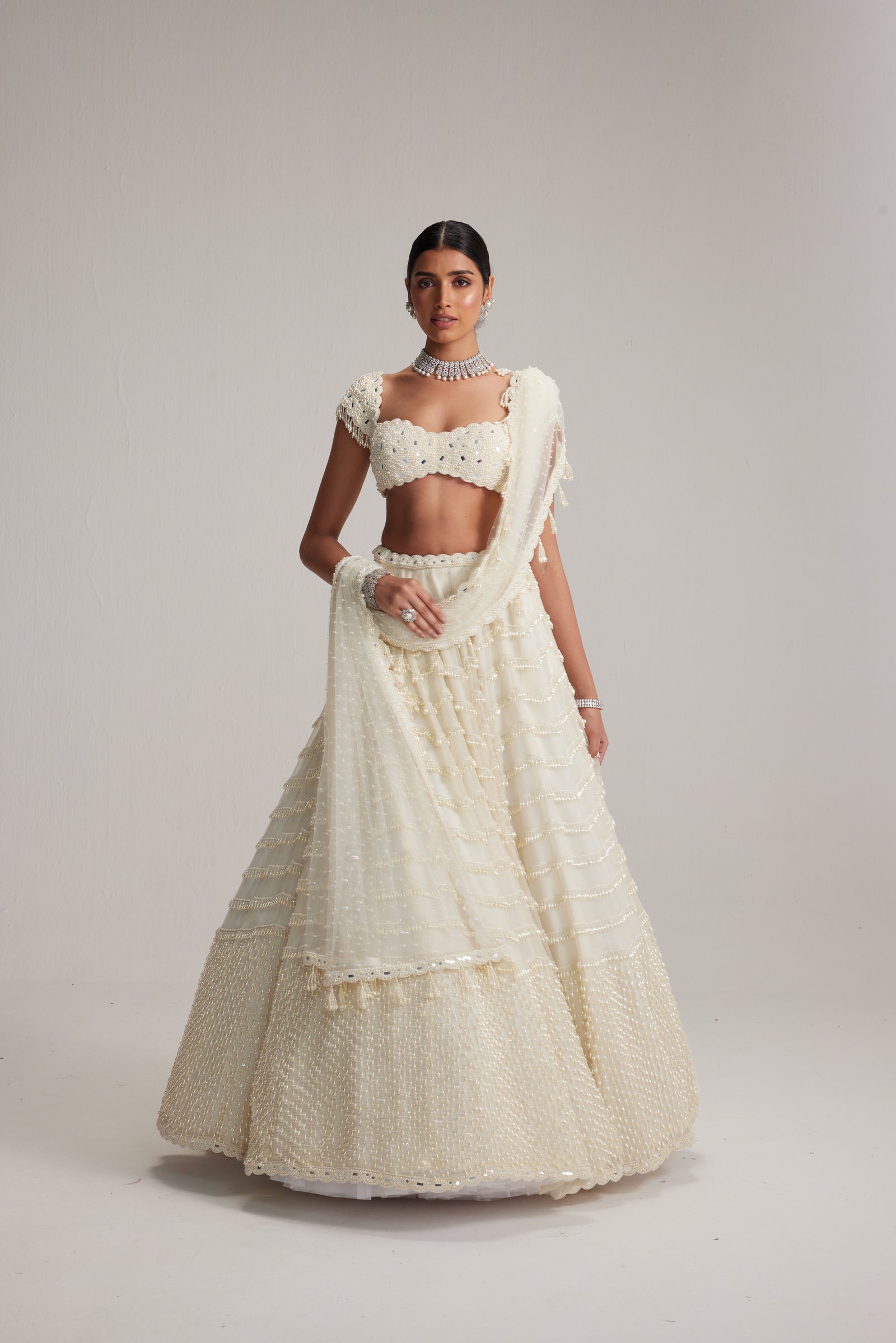 Off White Mirror and Pearl Drop Bridal lehenga set