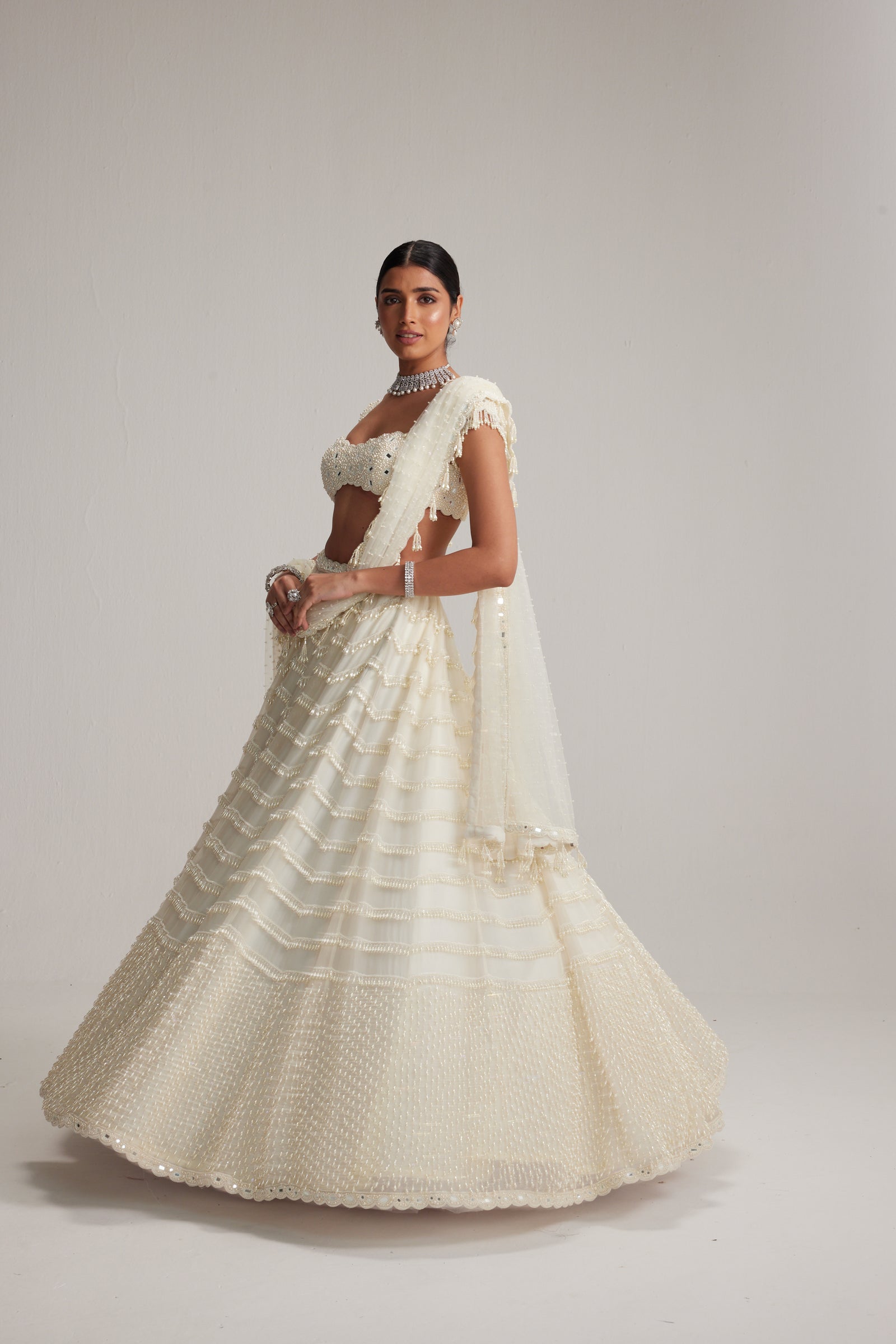 Off White Mirror and Pearl Drop Bridal lehenga set
