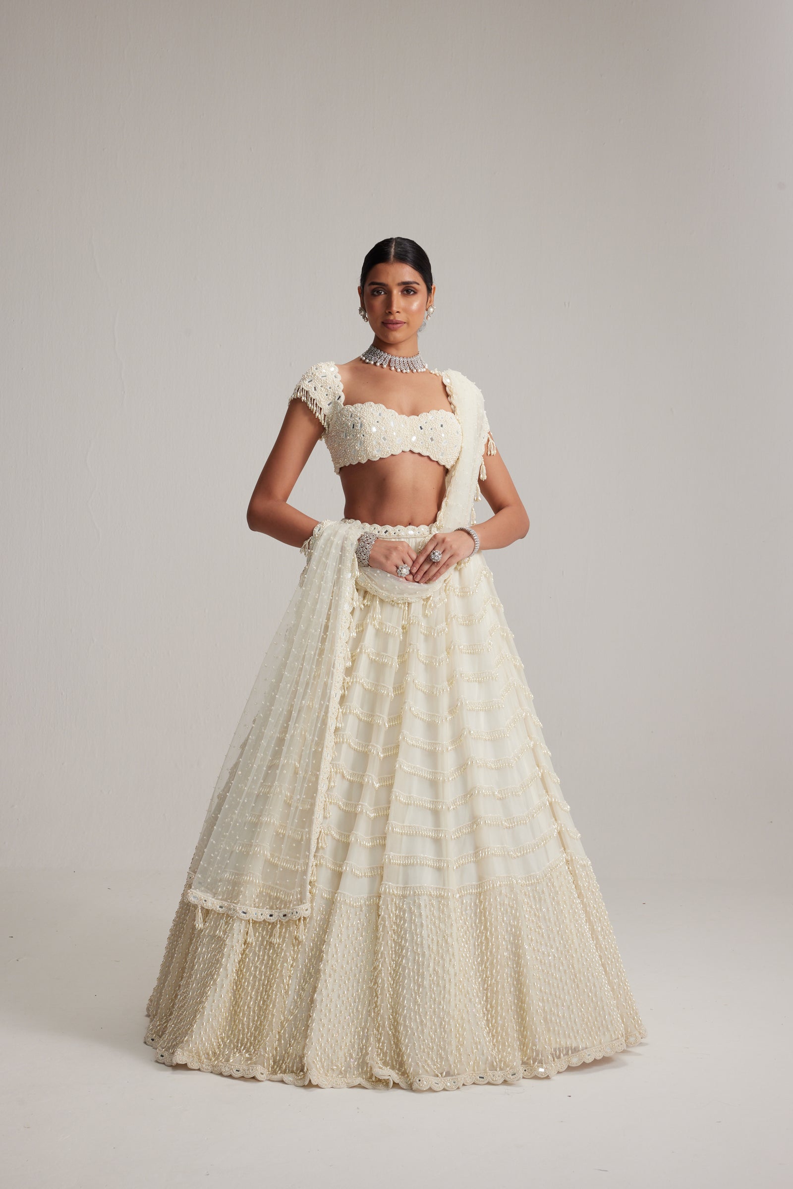Off White Mirror and Pearl Drop Bridal lehenga set
