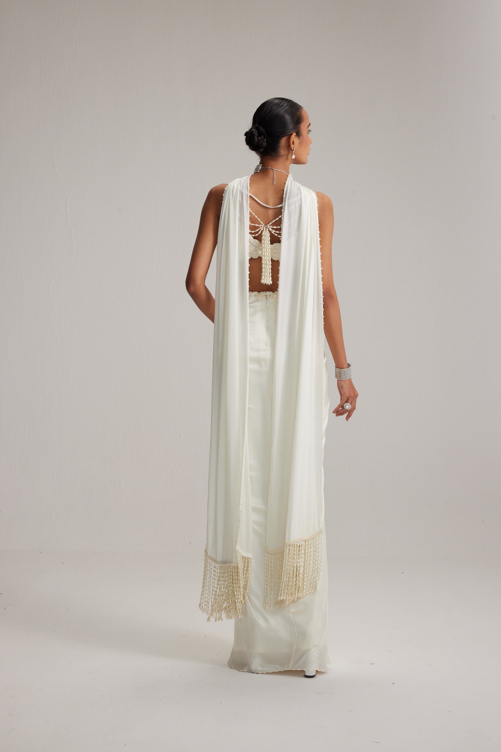 Off White Satin Draped Skirt Set