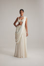 Off White Pearl and Mirror Embroidered satin draped saree set