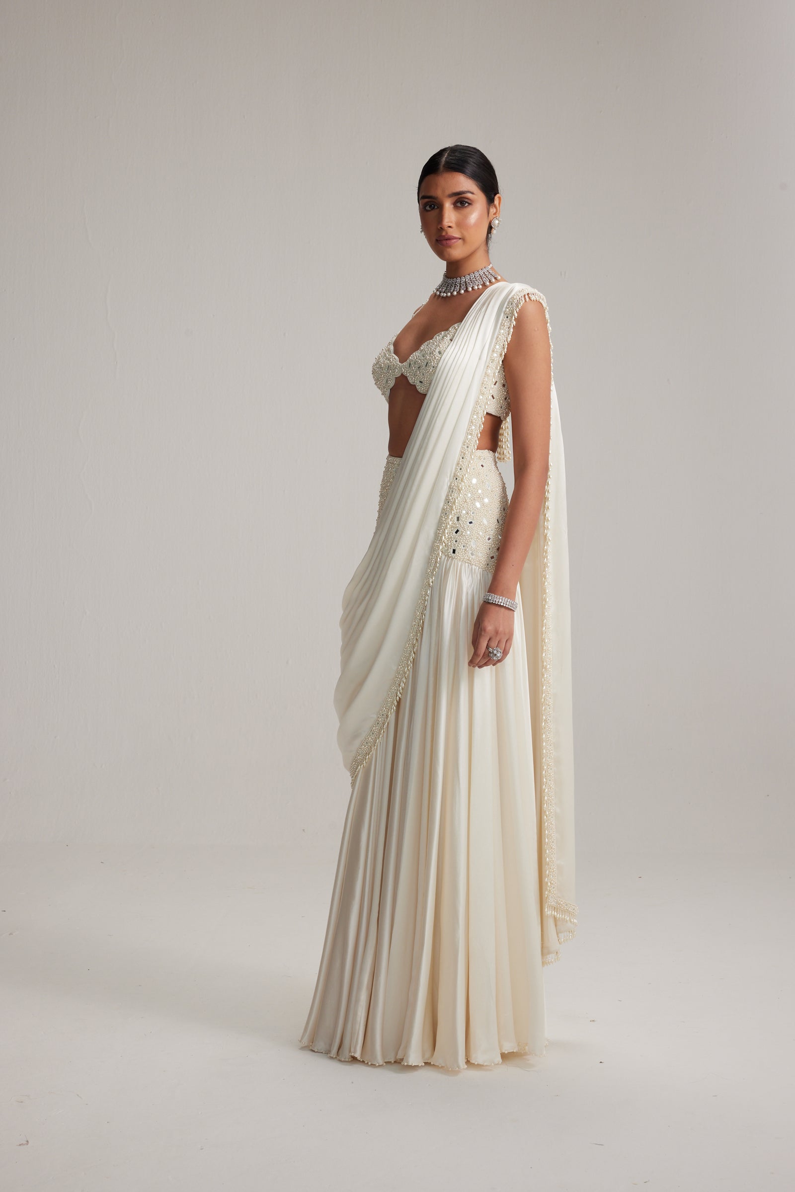 Off White Pearl and Mirror Embroidered satin draped saree set