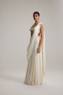 Off White Pearl and Mirror Embroidered satin draped saree set