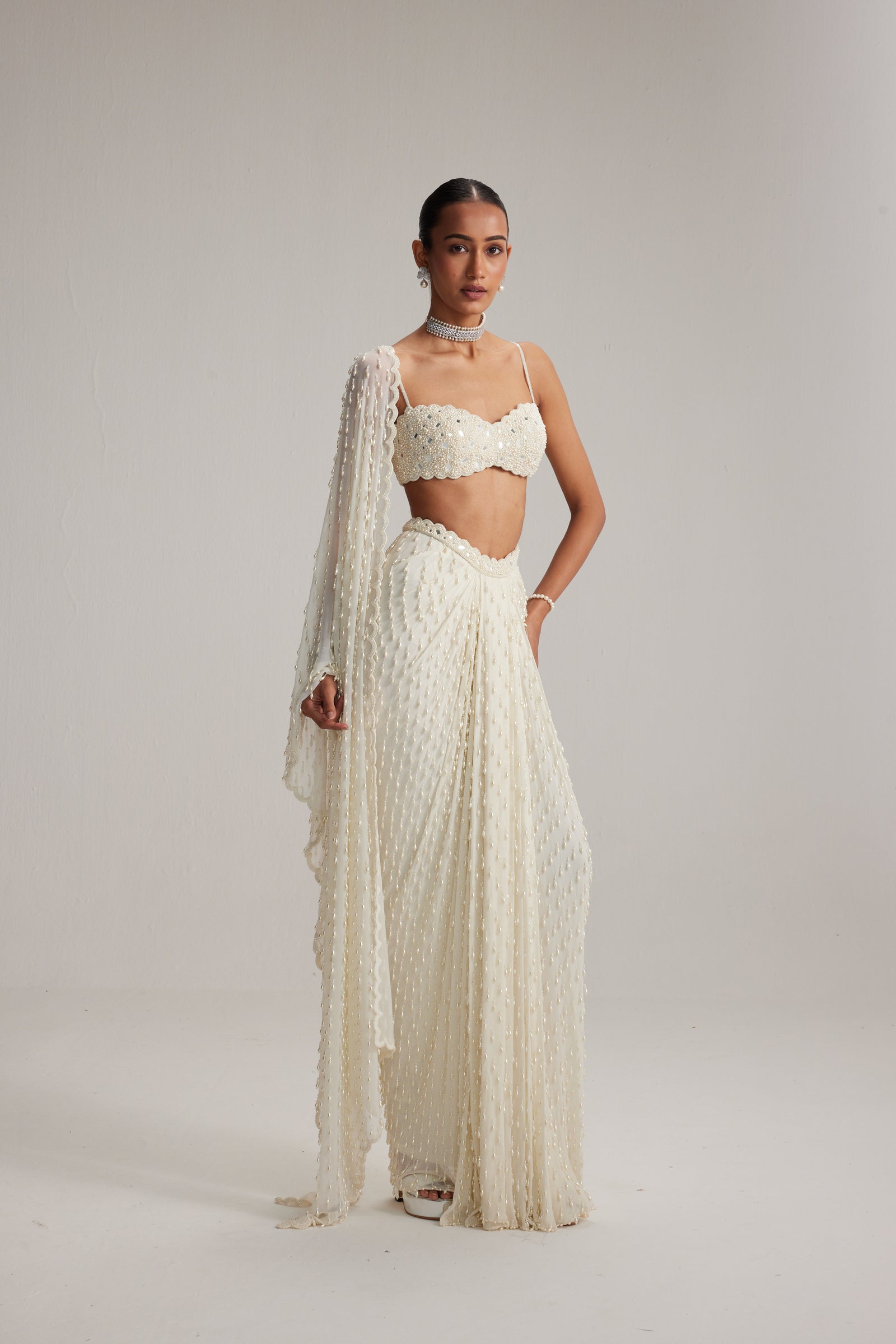 Pearl White Dense Drop Draped Skirt set