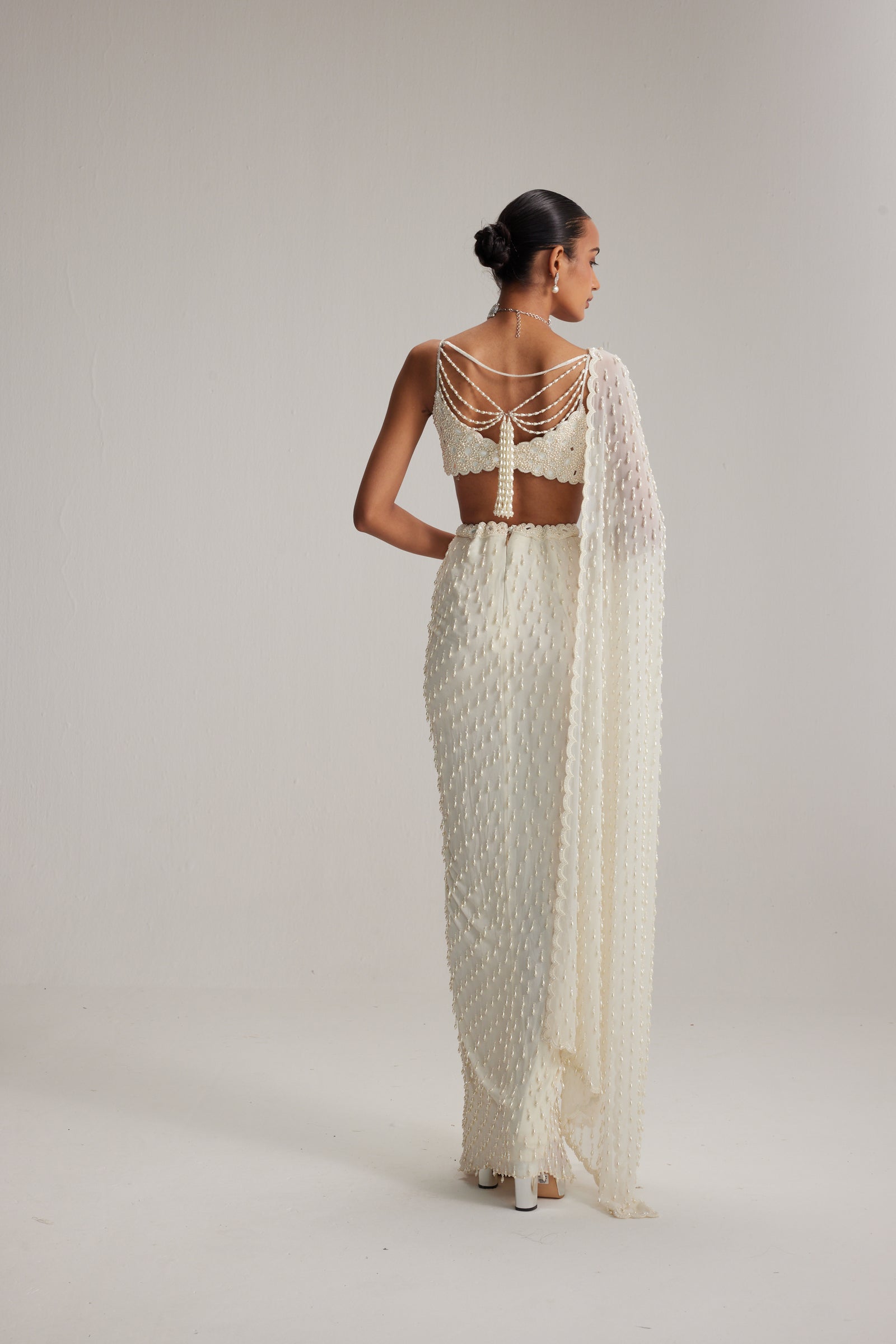 Pearl White Dense Drop Draped Skirt set