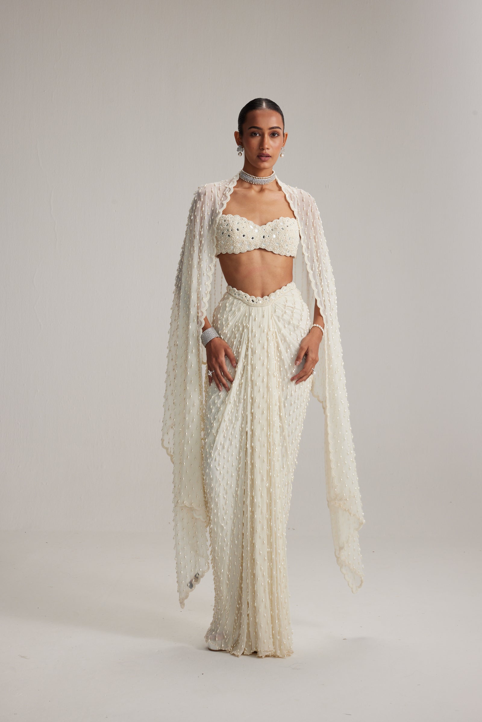 Pearl White Dense Drop Draped Skirt set