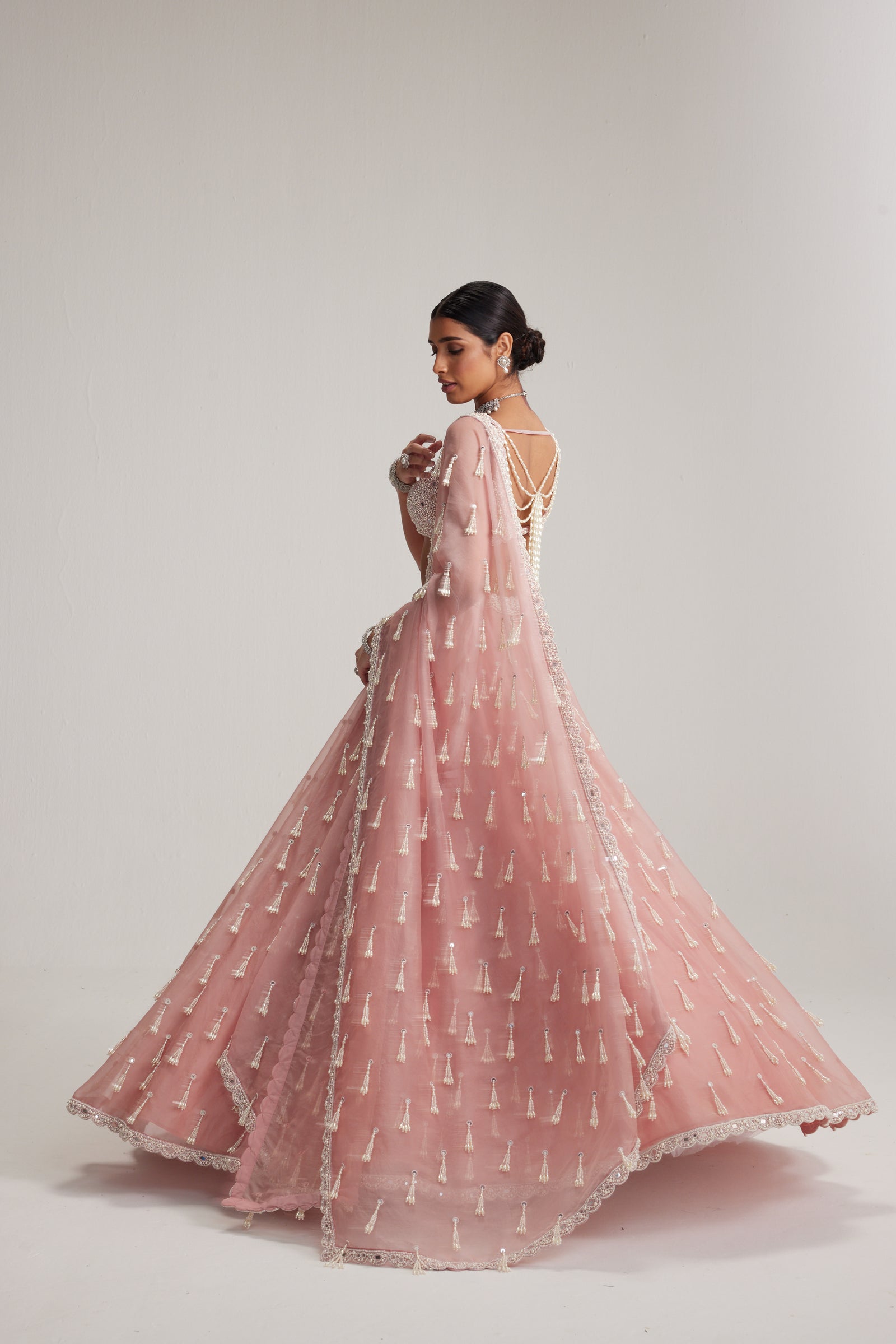 Dusty Rose Organza Long pearl tassels lehenga set