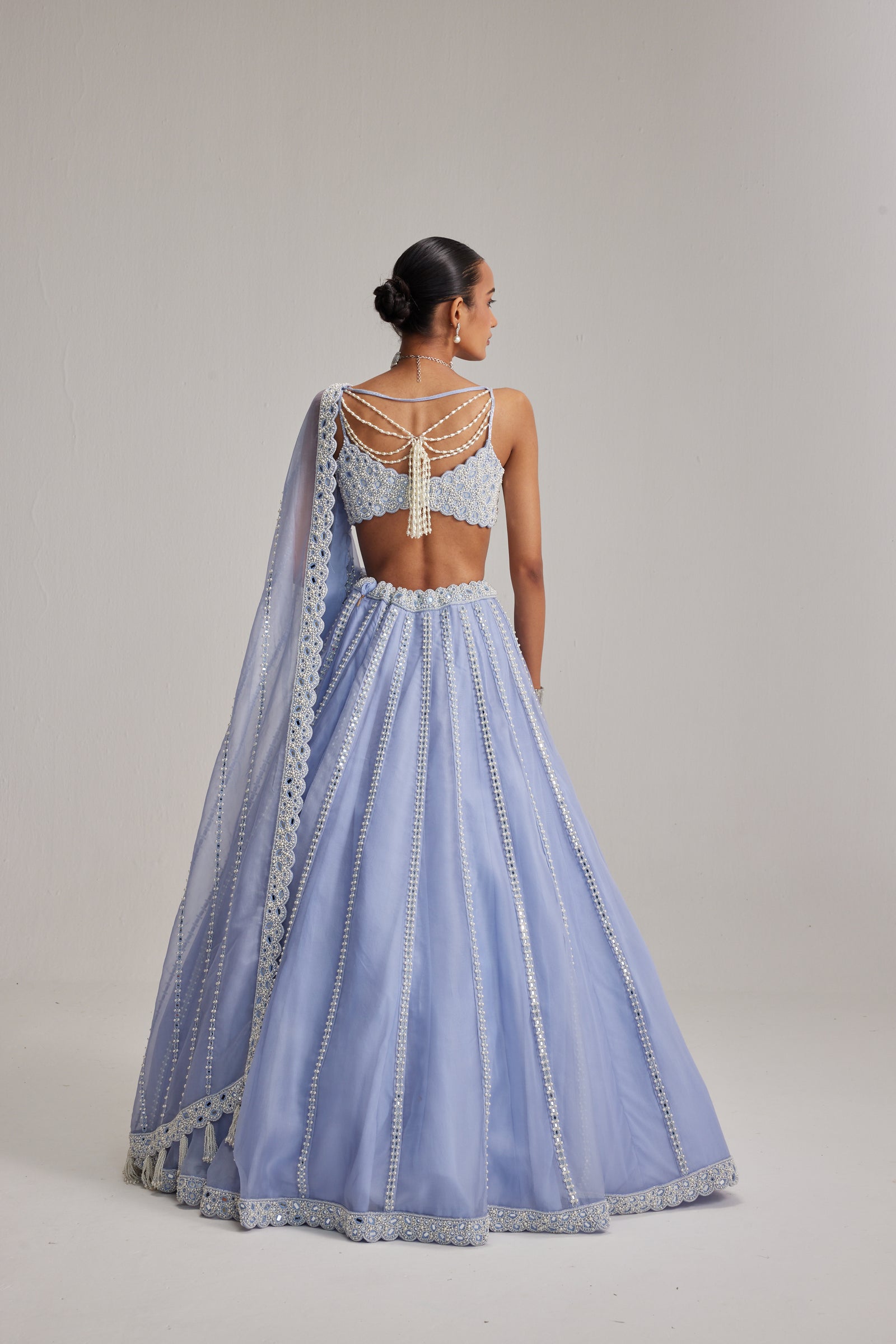 Dew Blue linear Mirror Organza Lehenga Set