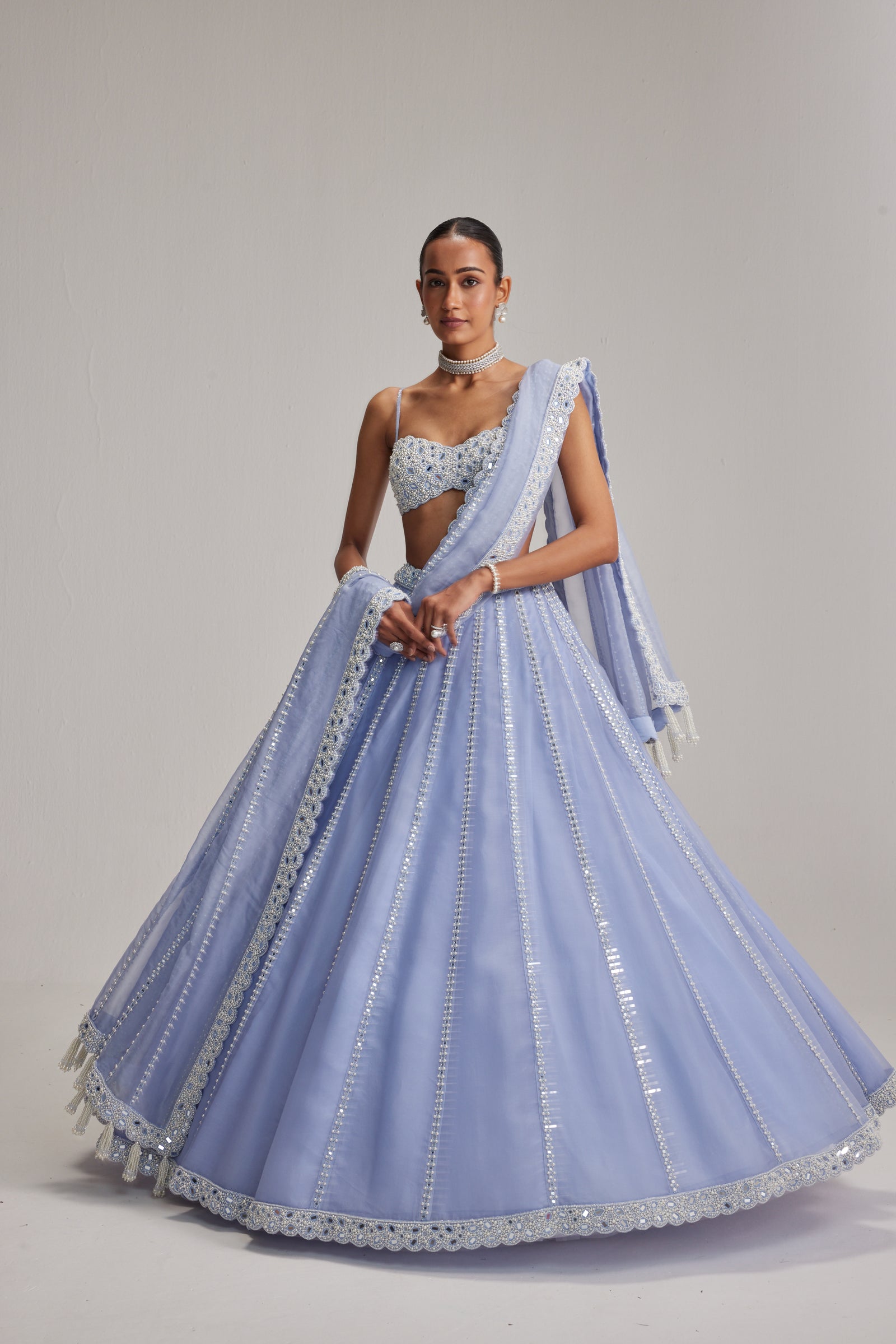Dew Blue linear Mirror Organza Lehenga Set