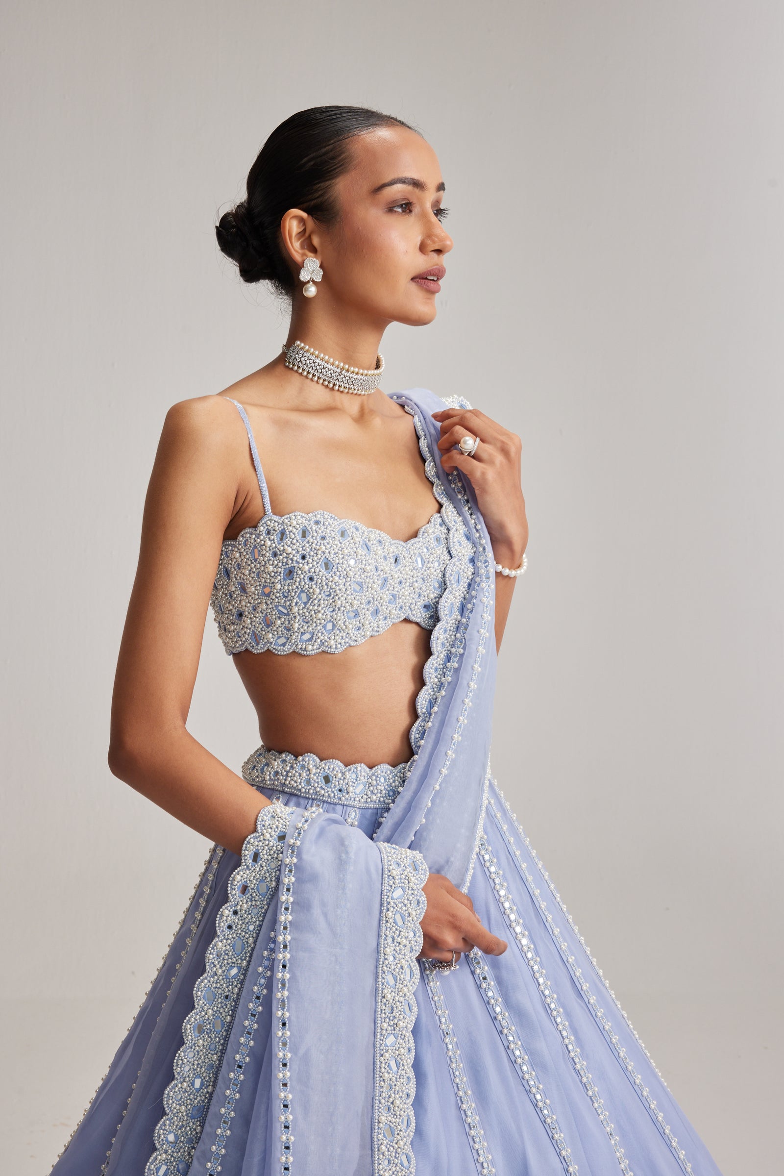 Dew Blue linear Mirror Organza Lehenga Set