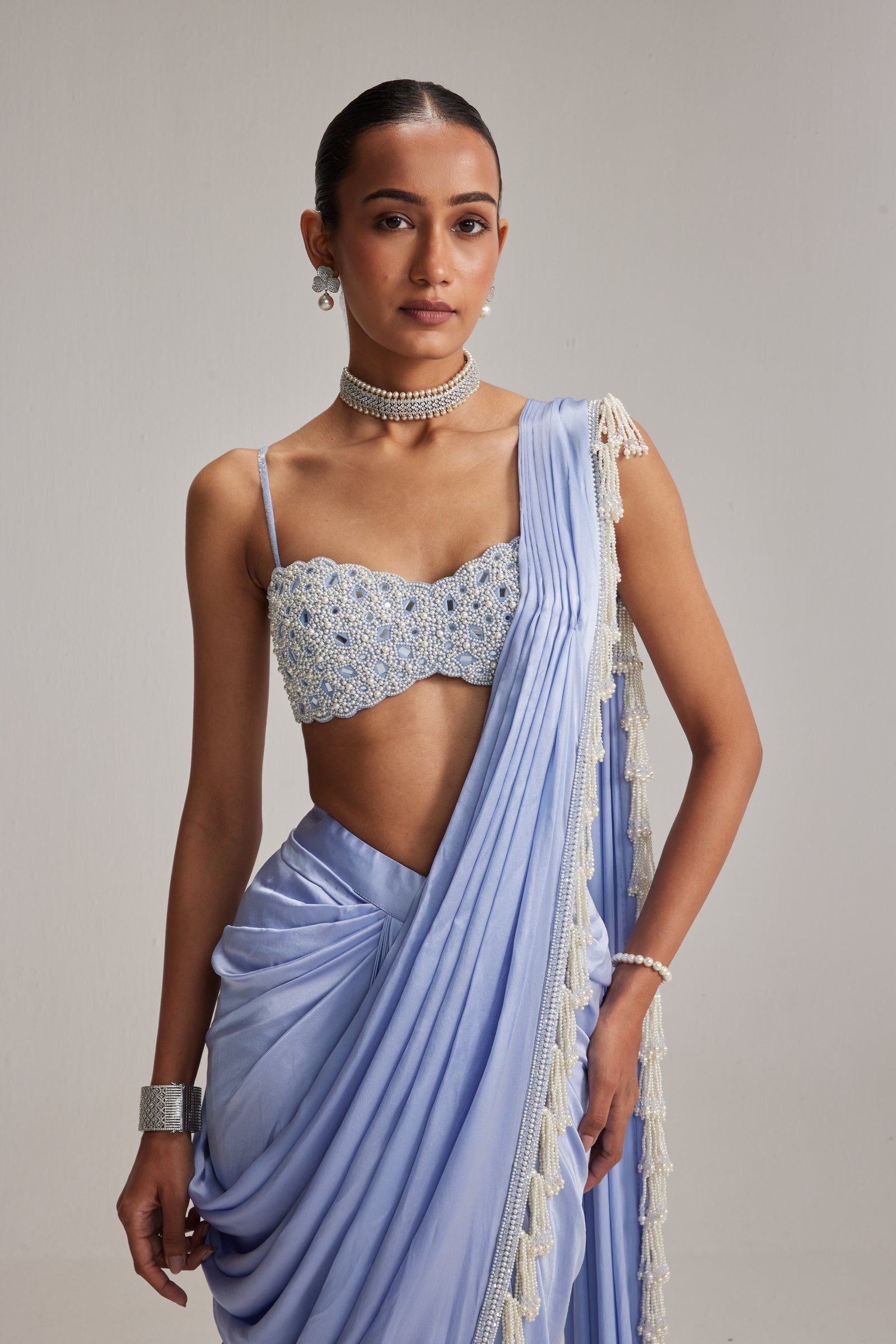 Dew Blue Satin Draped Saree Set