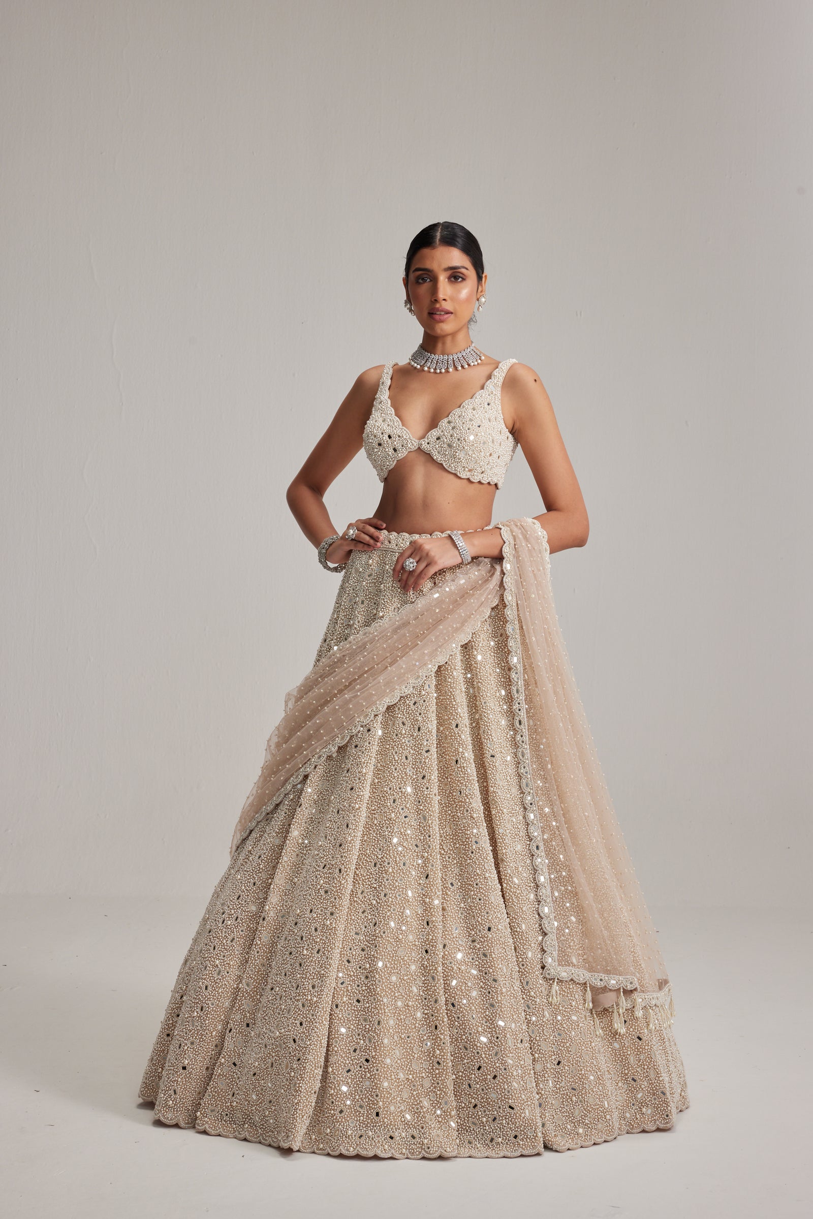 Light Beige Dense mirror and pearl lehenga set