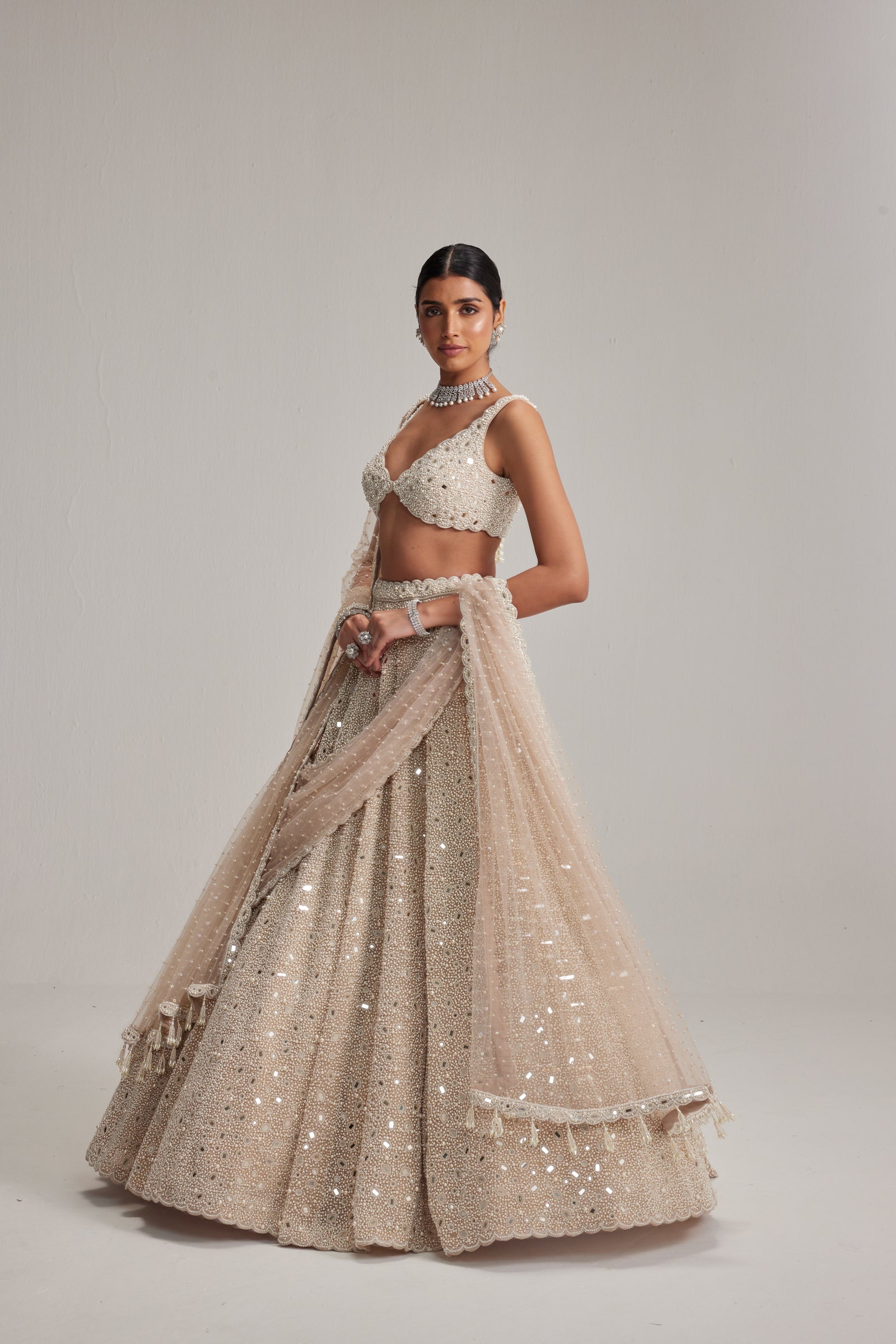 Light Beige Dense mirror and pearl lehenga set With Double Dupatta