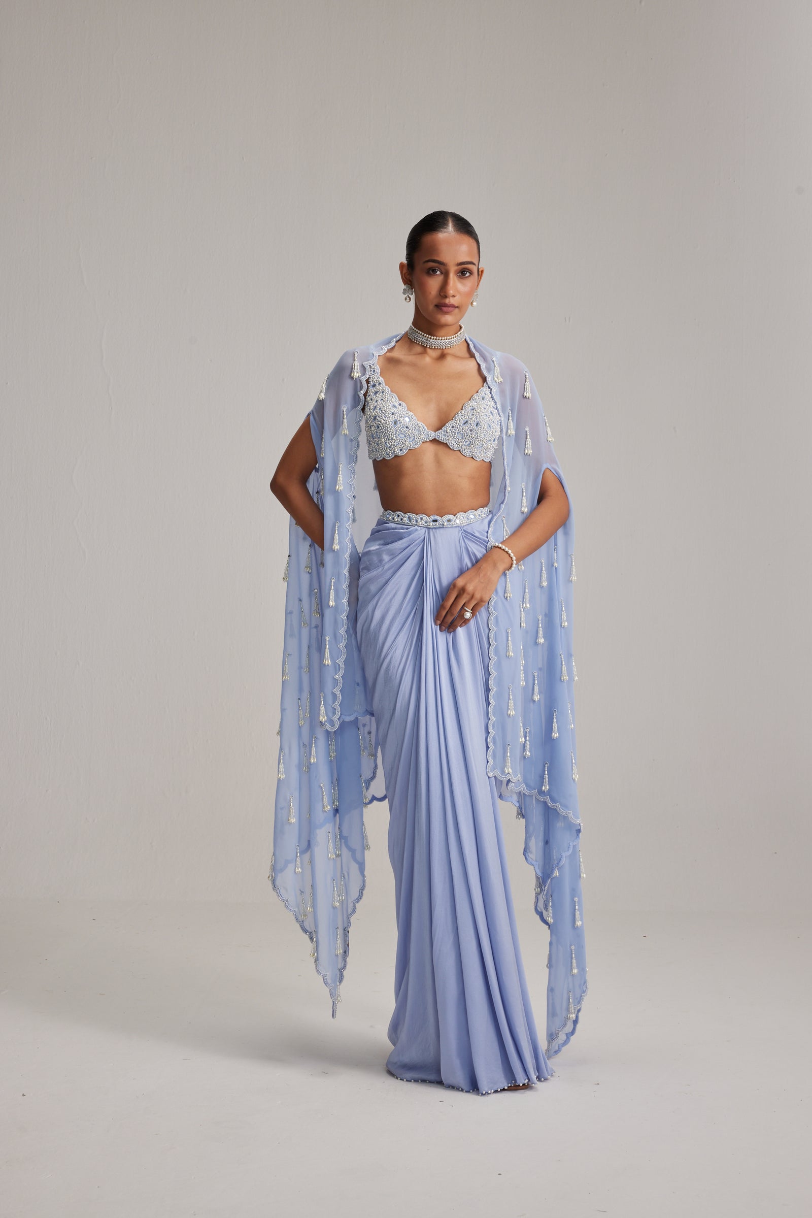 Dew Blue Cape And Satin draped skirt Set