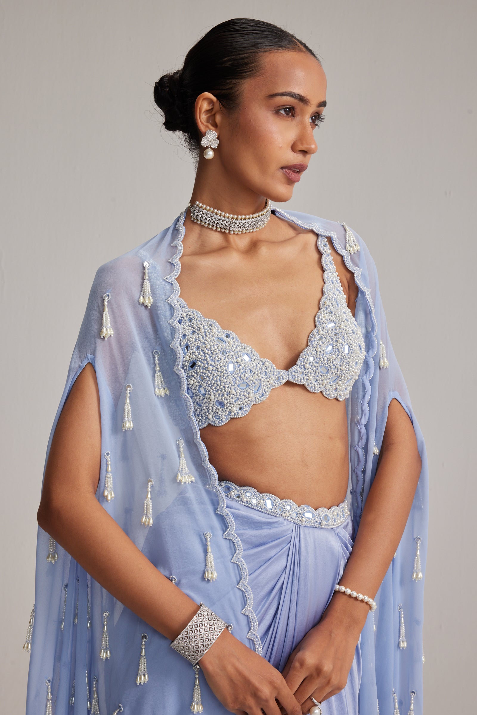 Dew Blue Cape And Satin draped skirt Set