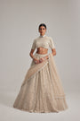 Light Beige Dense mirror and pearl lehenga set with High neck Blouse and Dupatta