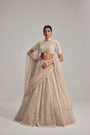Light Beige dense mirror and pearl lehenga set with high neck blouse and Double Dupatta