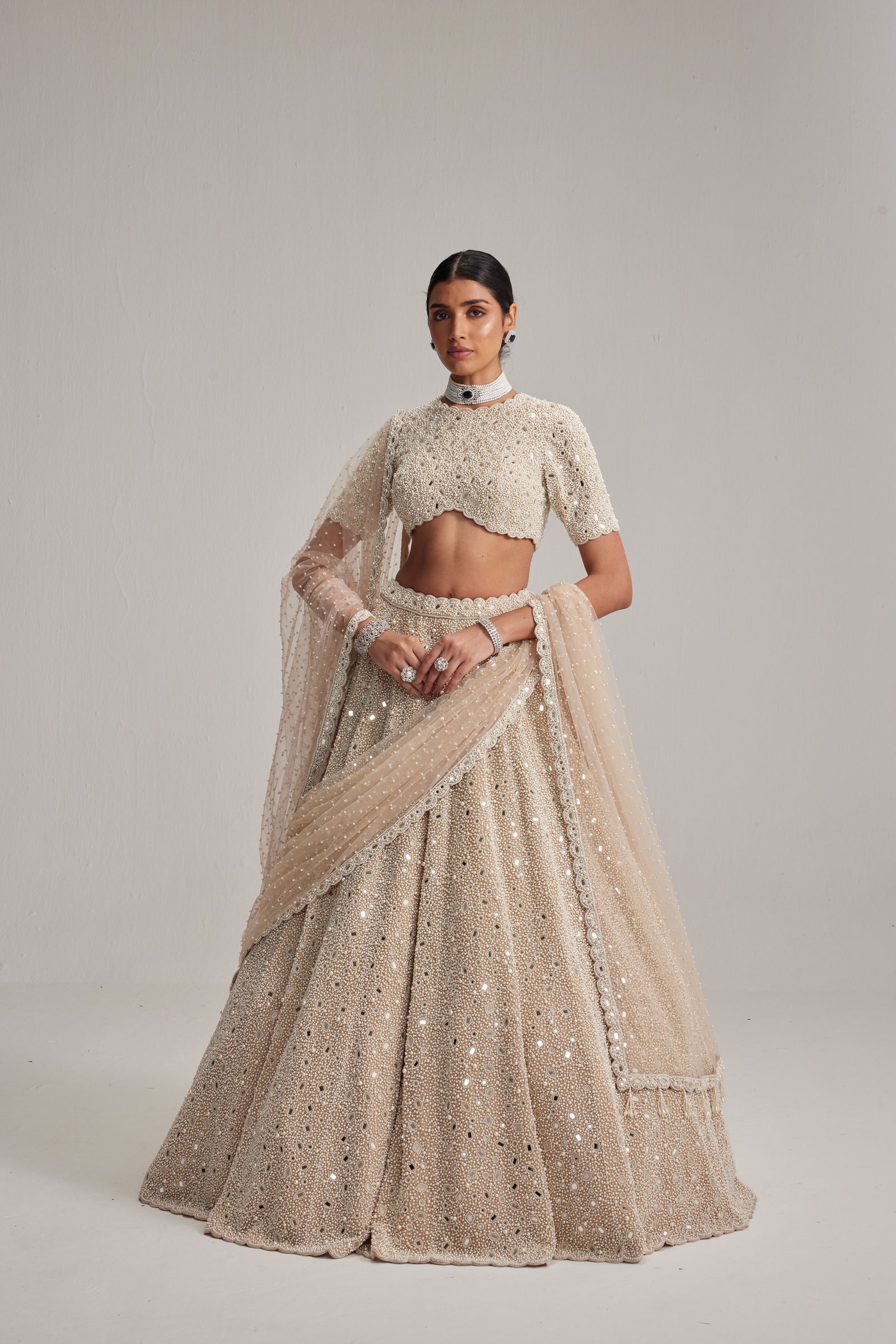 Light Beige Dense Pearl and mirror Lehenga Set with High Neck Blouse, Double Dupatta and Veil