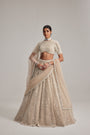 Light Beige Dense Pearl and mirror Lehenga Set with High Neck Blouse, Double Dupatta and Veil