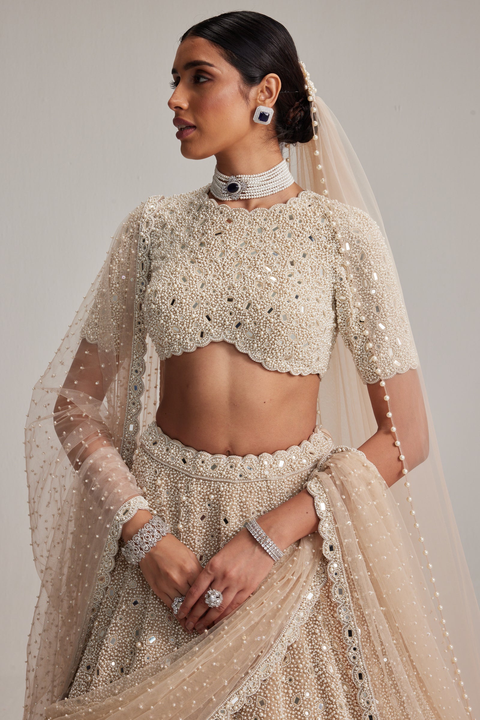 Light Beige Dense Pearl and mirror Lehenga Set with High Neck Blouse, Double Dupatta and Veil