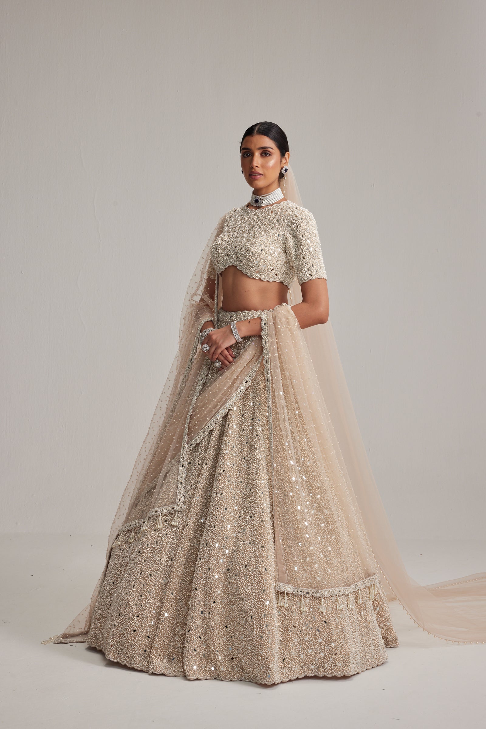 Light Beige Dense Pearl and mirror Lehenga Set with High Neck Blouse, Double Dupatta and Veil
