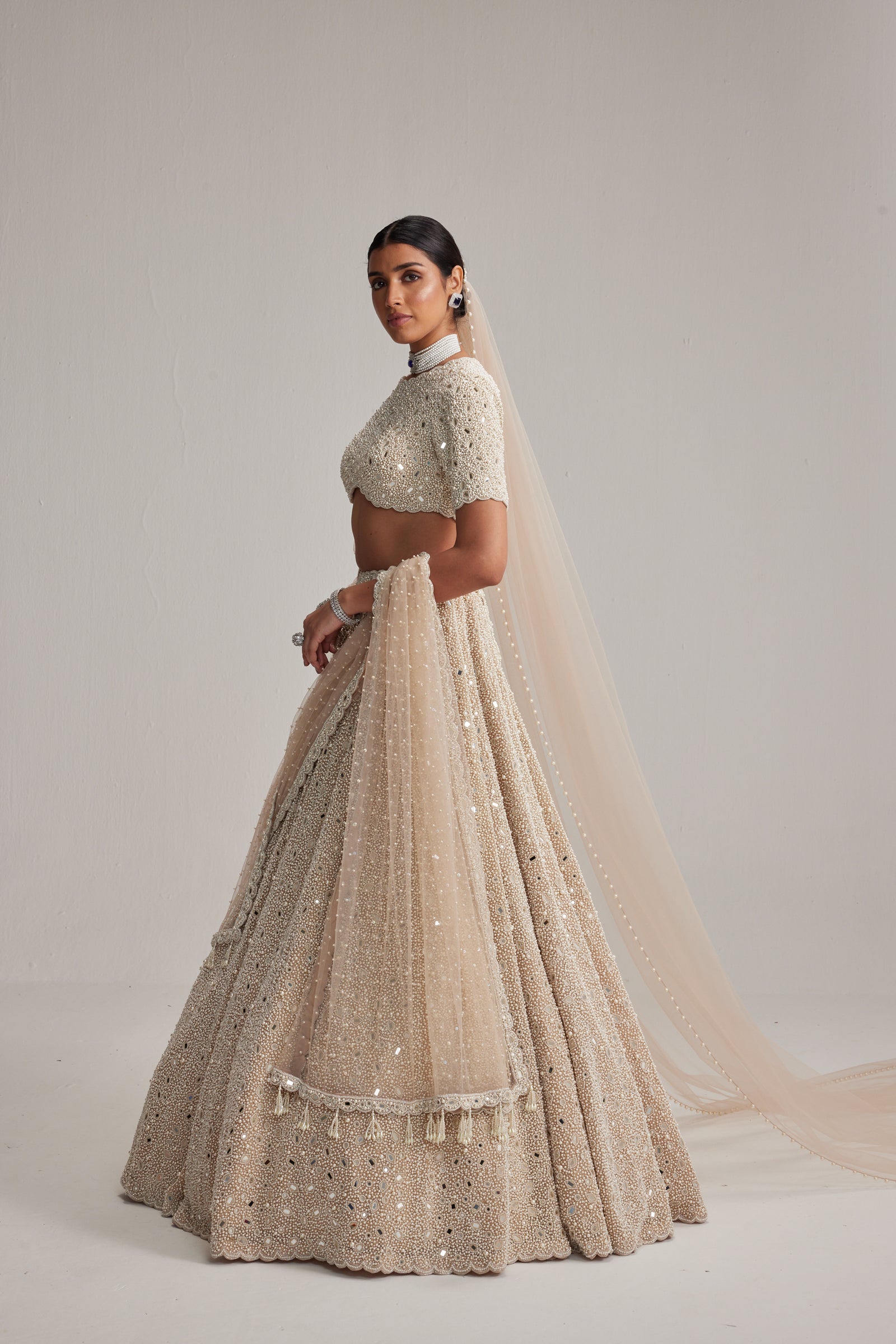 Light Beige Dense Pearl and mirror Lehenga Set with High Neck Blouse, Double Dupatta and Veil