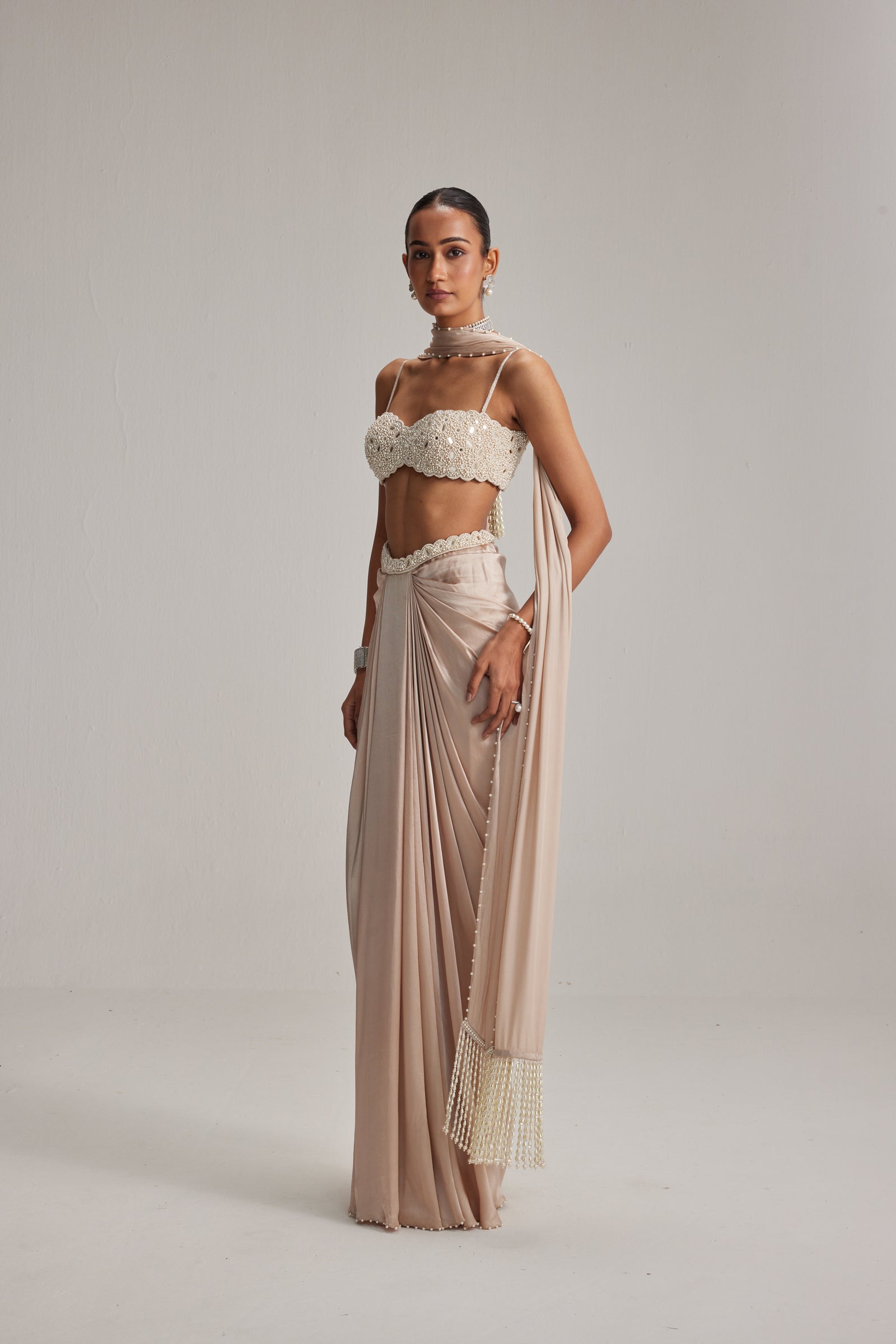Light Beige Satin draped skirt set
