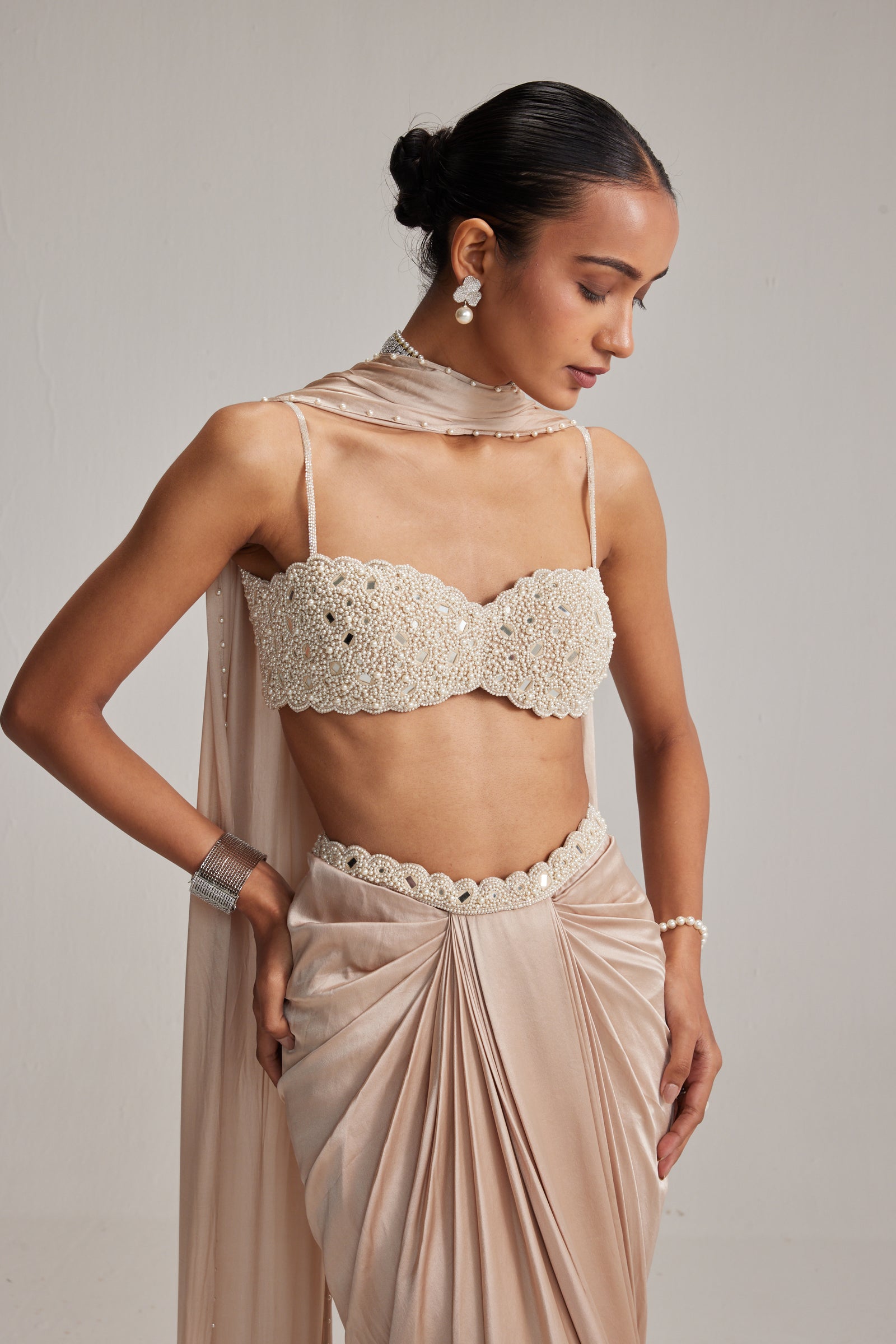 Light Beige Satin draped skirt set