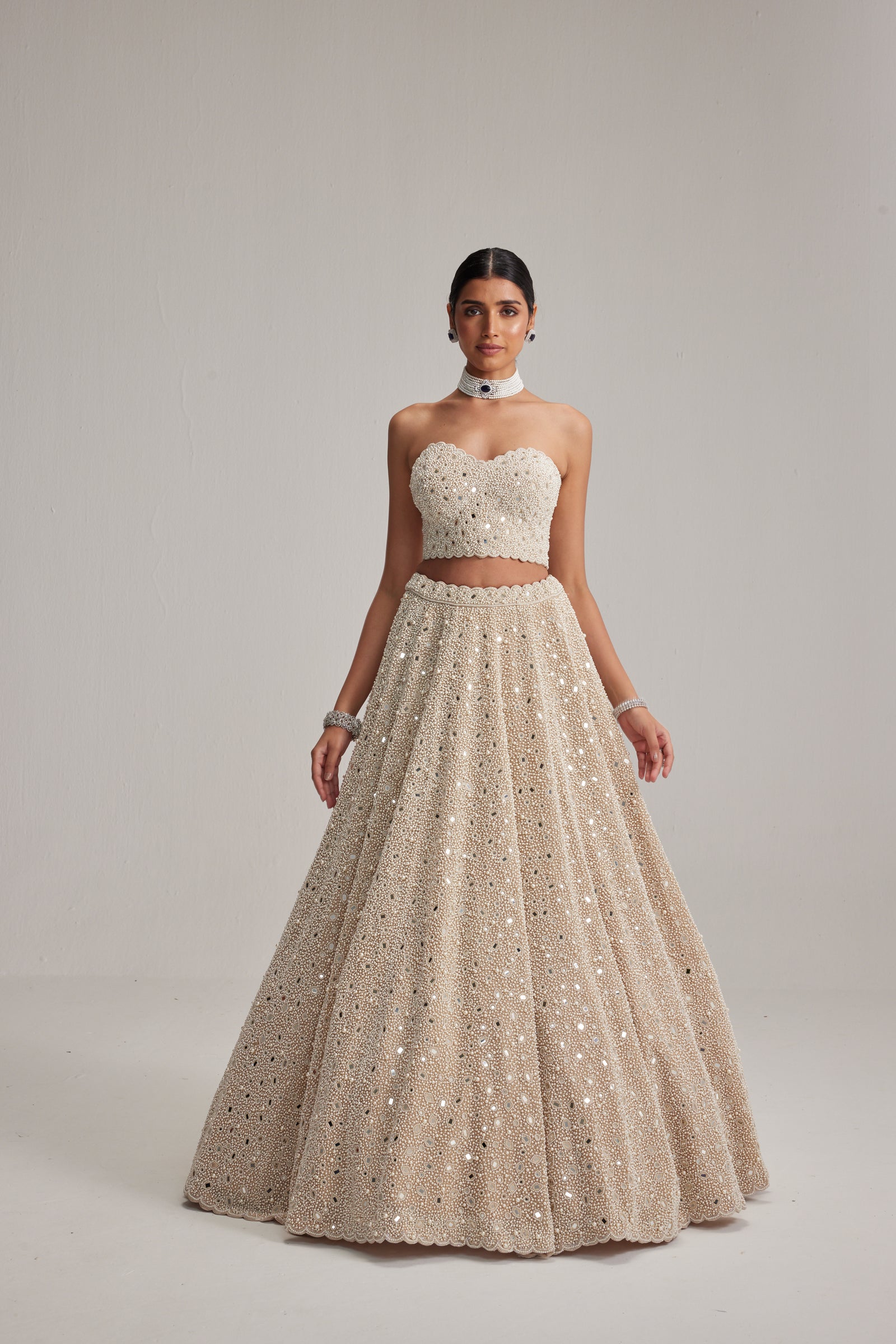 Light Beige Dense mirror and pearl Corset lehenga set