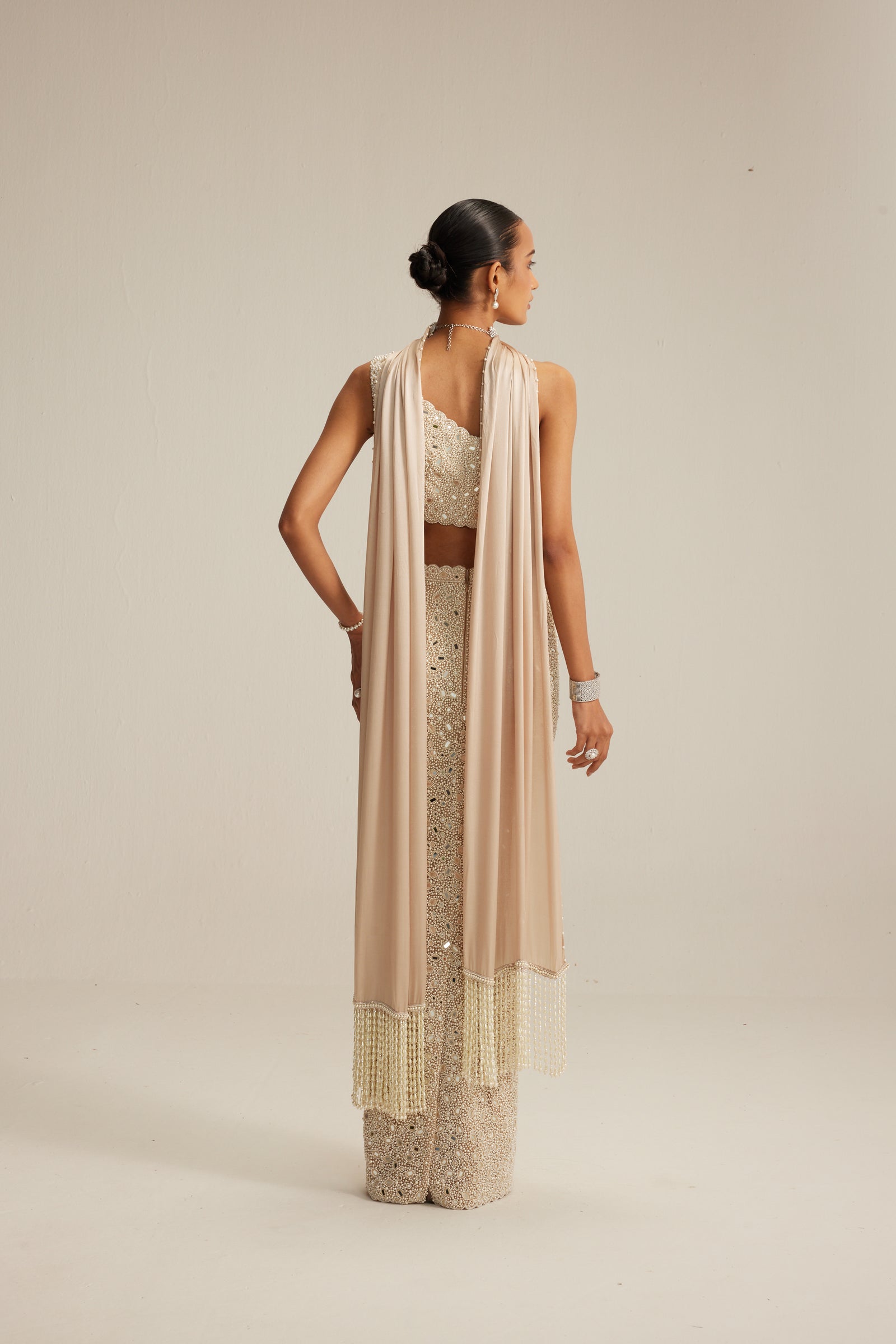 Light Beige One Shoulder Pencil Skirt With Stole Set