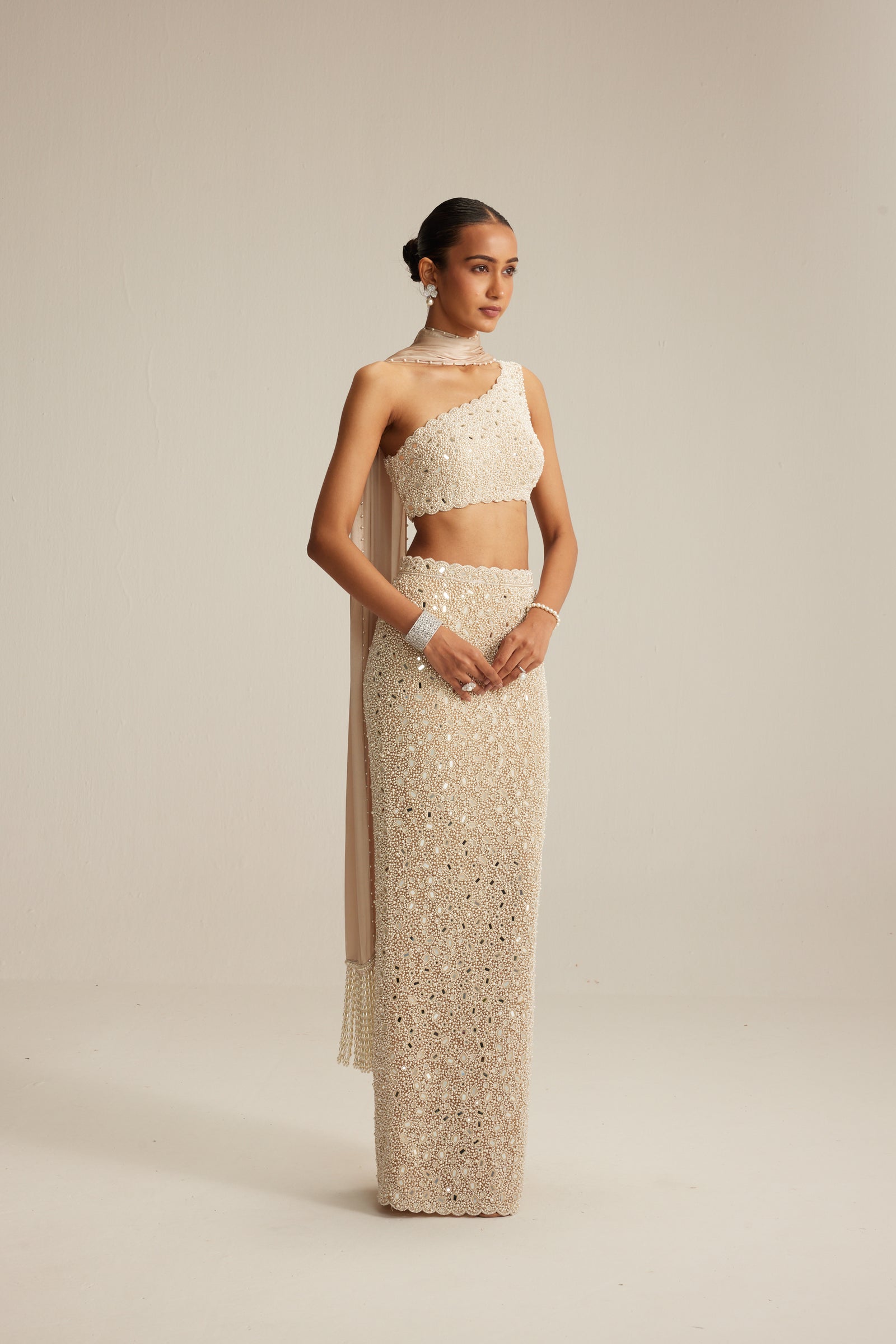 Light Beige One Shoulder Pencil Skirt With Stole Set