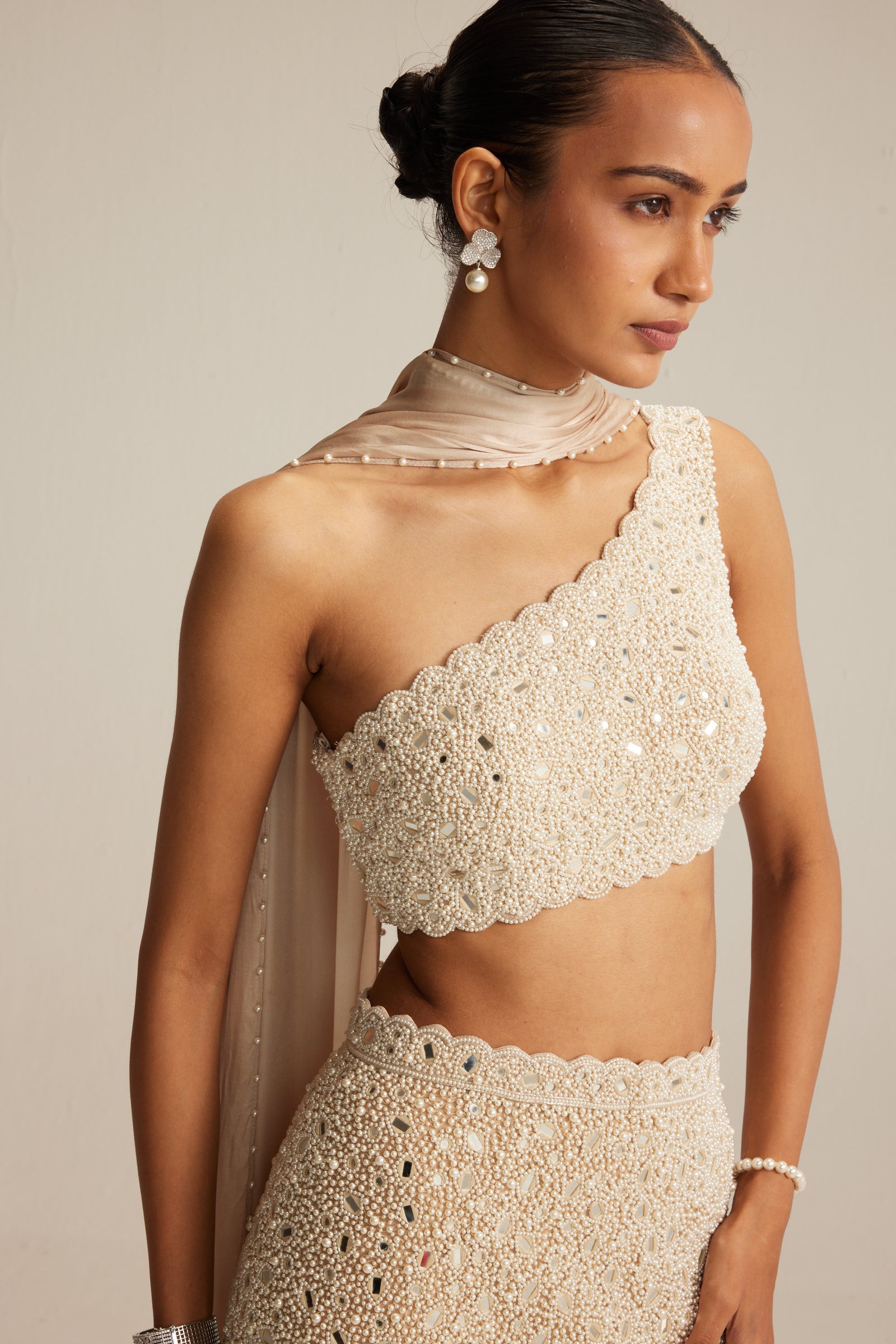 Light Beige One Shoulder Pencil Skirt With Stole Set