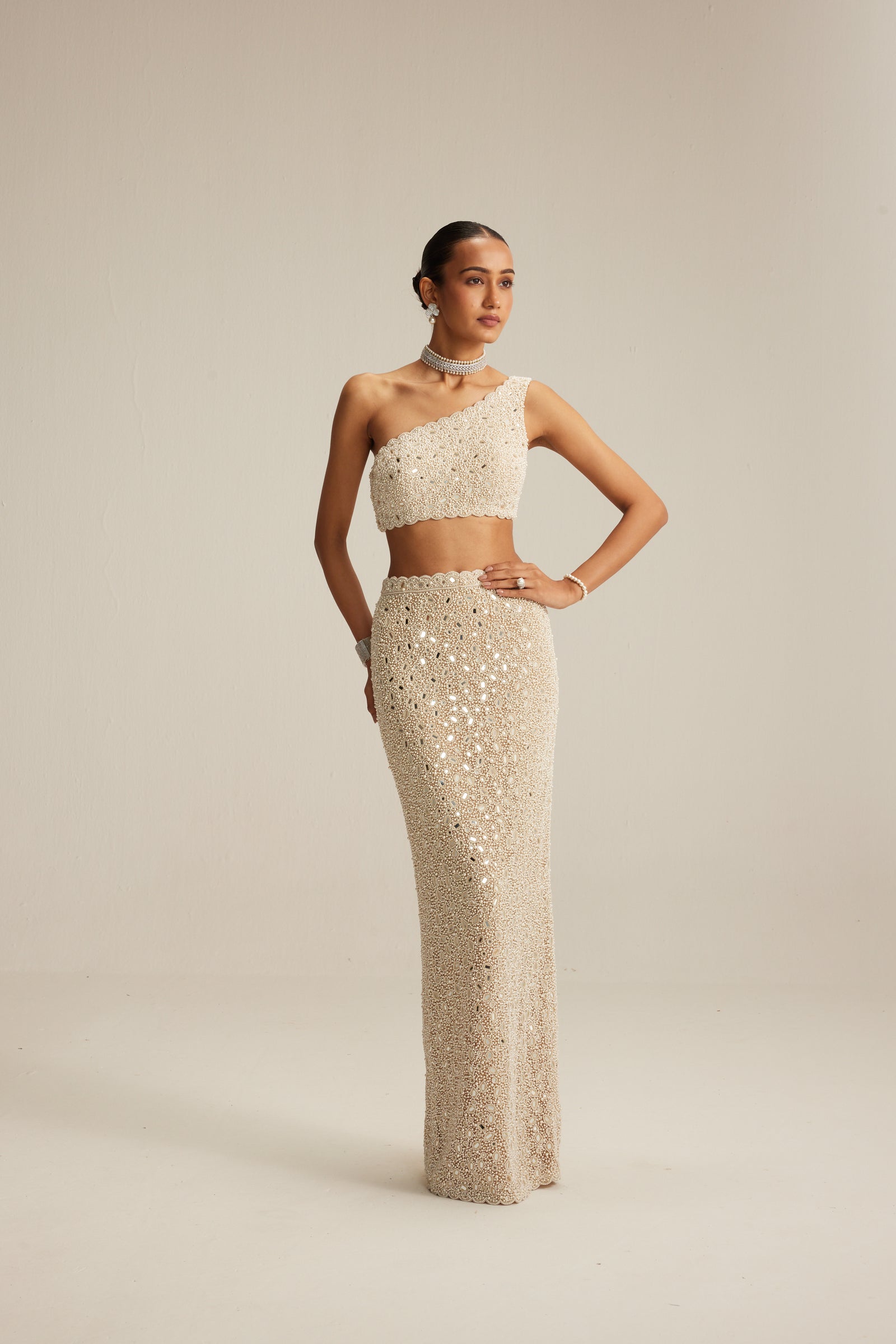 Light Beige One Shoulder Pencil Skirt Set.