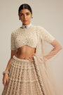 Light Beige Pearl Drop Multi Tier Lehenga With High Neck Blouse Set.